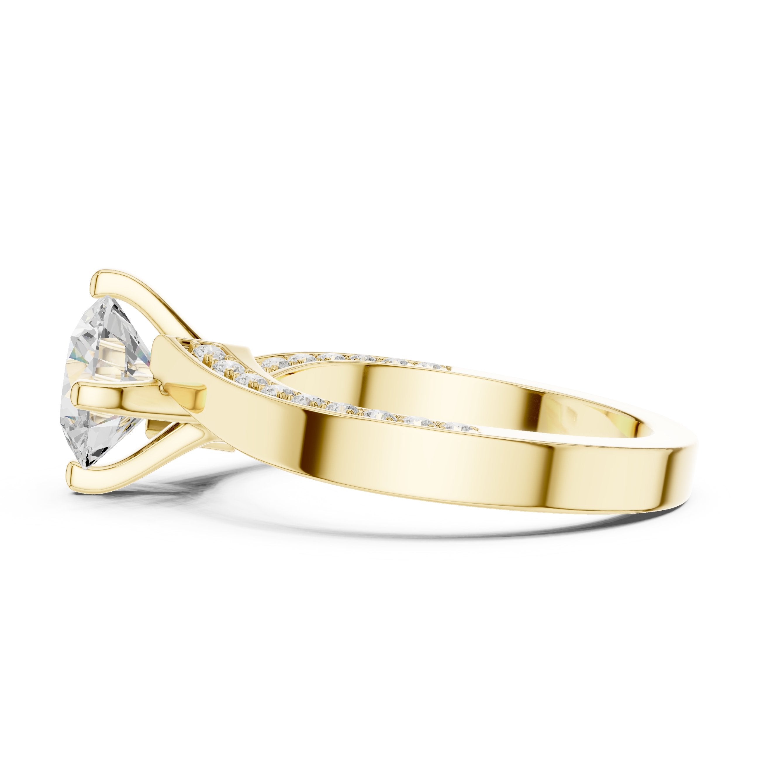 Round Diamond Engagement Ring with Asymmetric Bypass Pavé Band in Yellow Gold - VYKA Diamonds