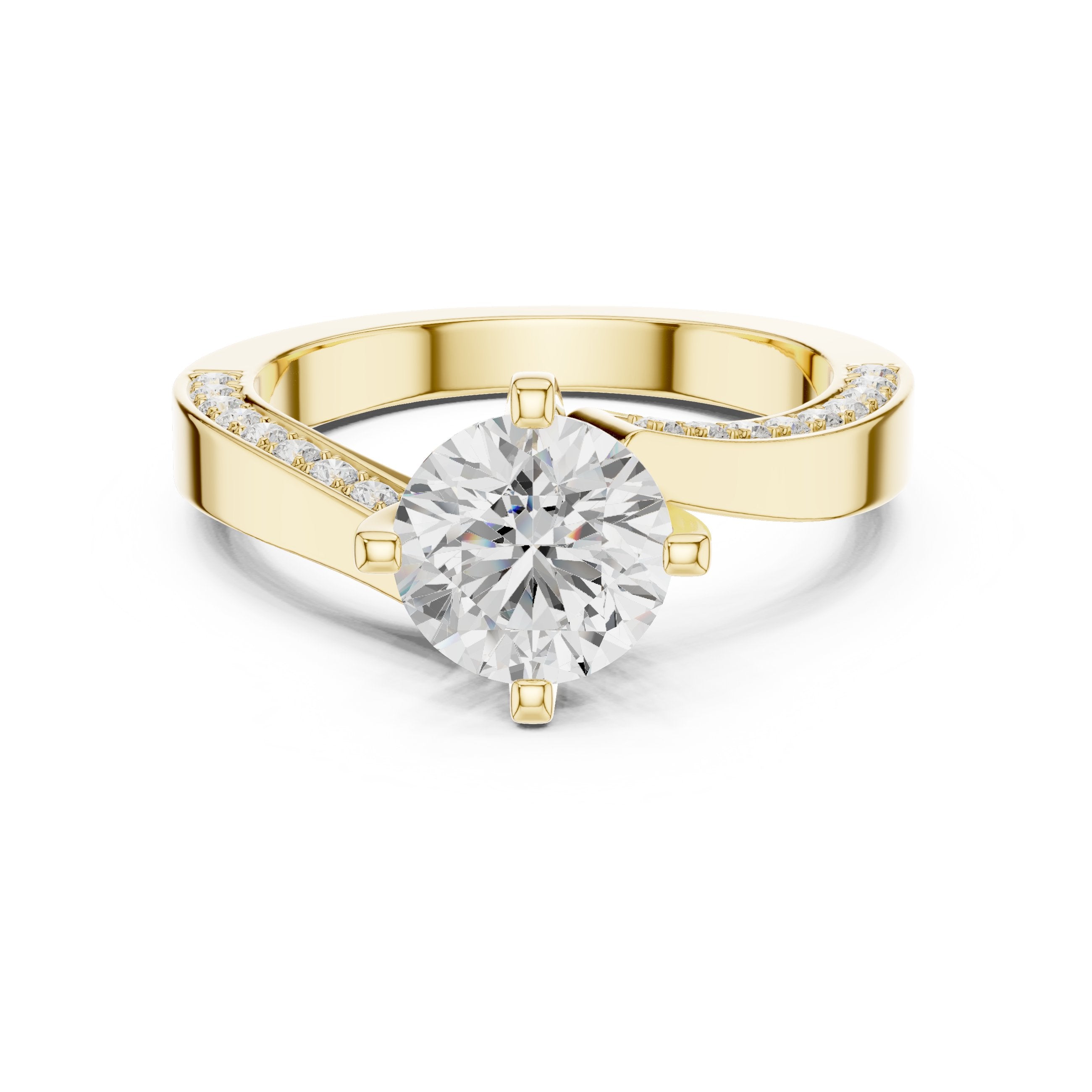 Round Diamond Engagement Ring with Asymmetric Bypass Pavé Band in Yellow Gold - VYKA Diamonds