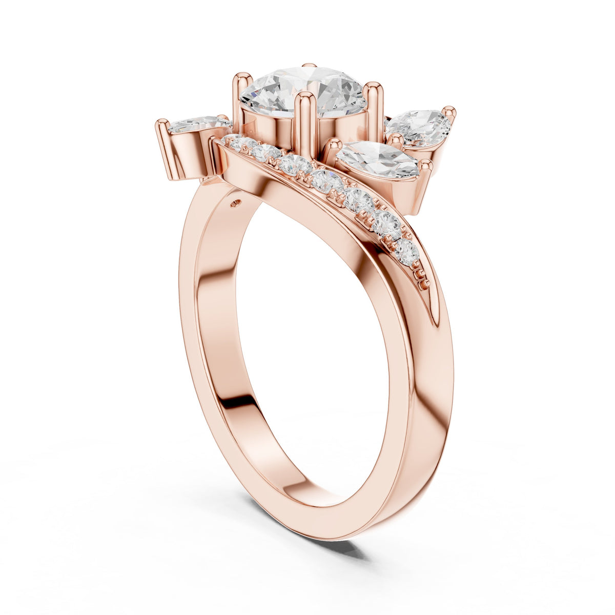 Round Diamond Engagement Ring with Marquise Side Accents and Bypass Shank