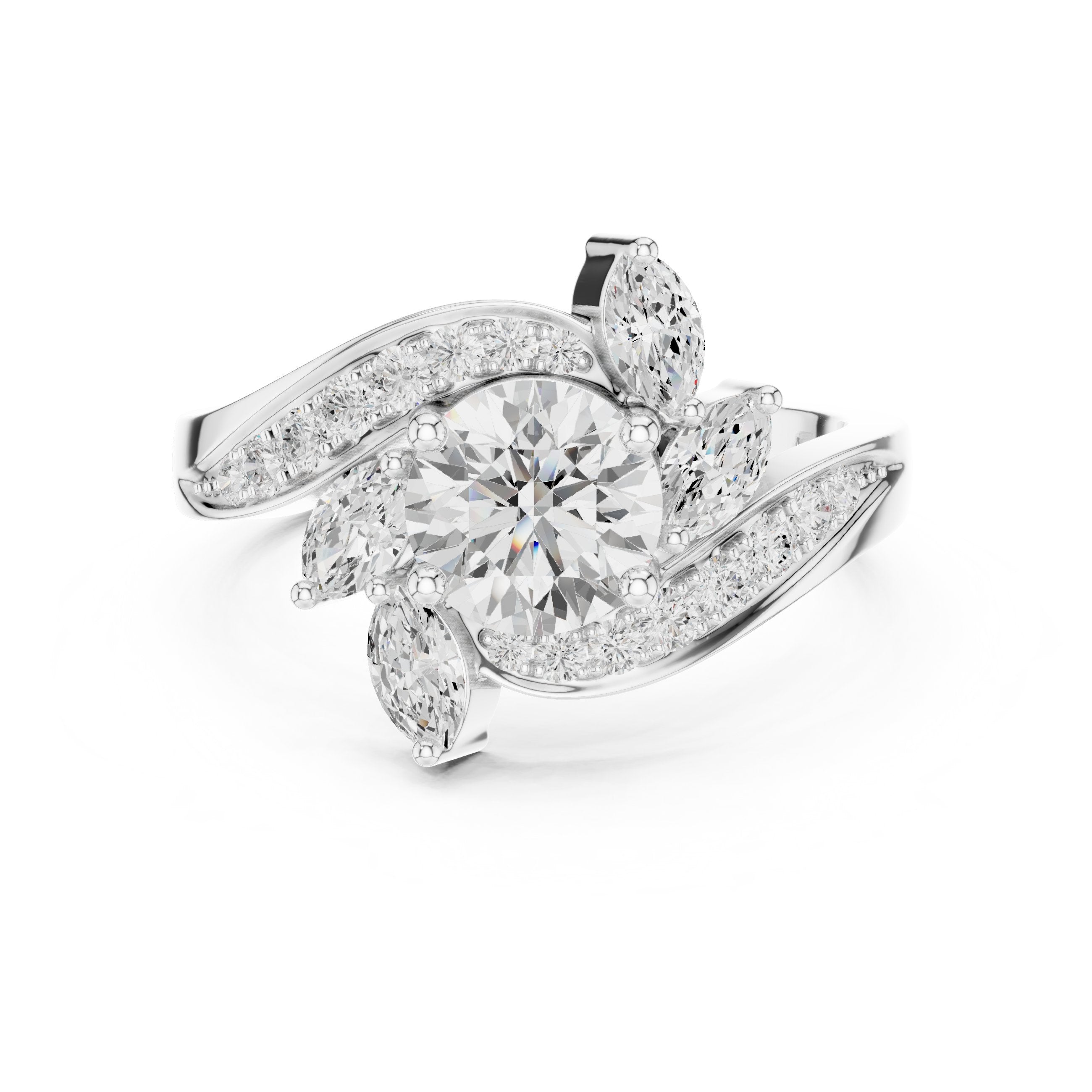 Round Diamond Engagement Ring with Marquise Side Accents and Bypass Shank in White Gold - VYKA Diamonds