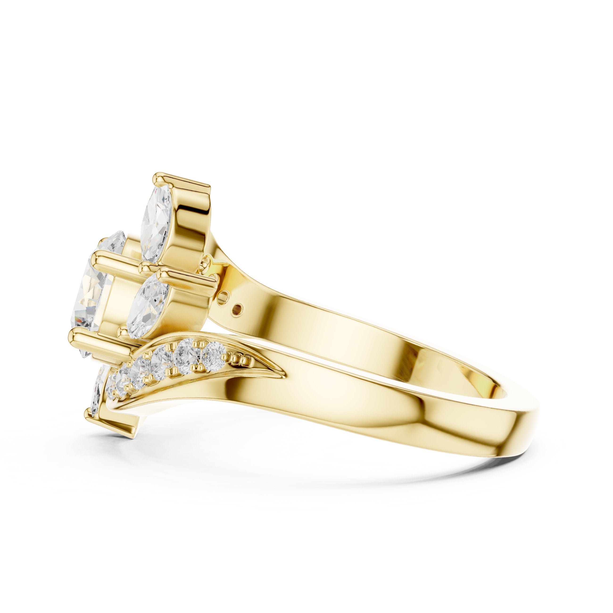 Round Diamond Engagement Ring with Marquise Side Accents and Bypass Shank in Yellow Gold - VYKA Diamonds