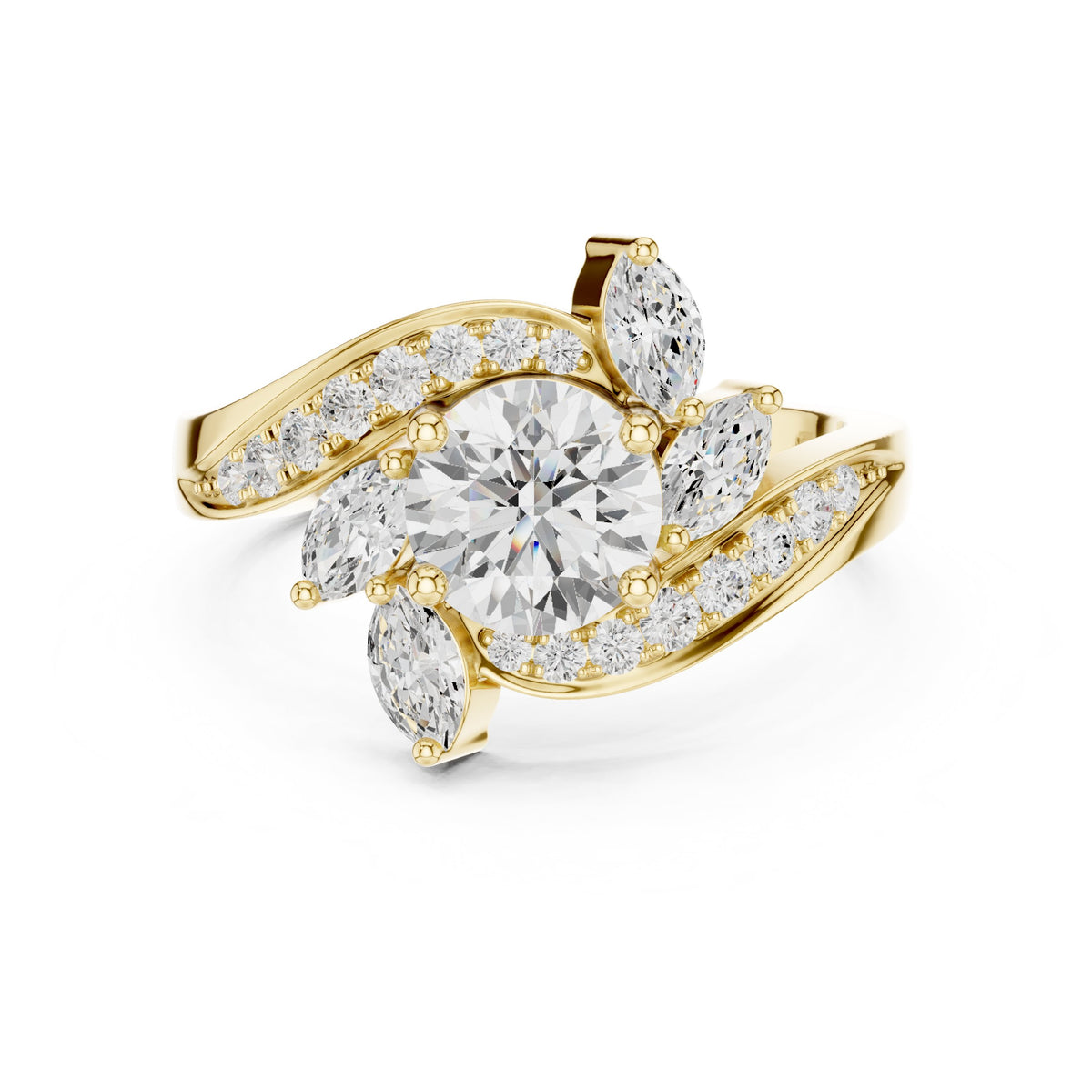 Round Diamond Engagement Ring with Marquise Side Accents and Bypass Shank