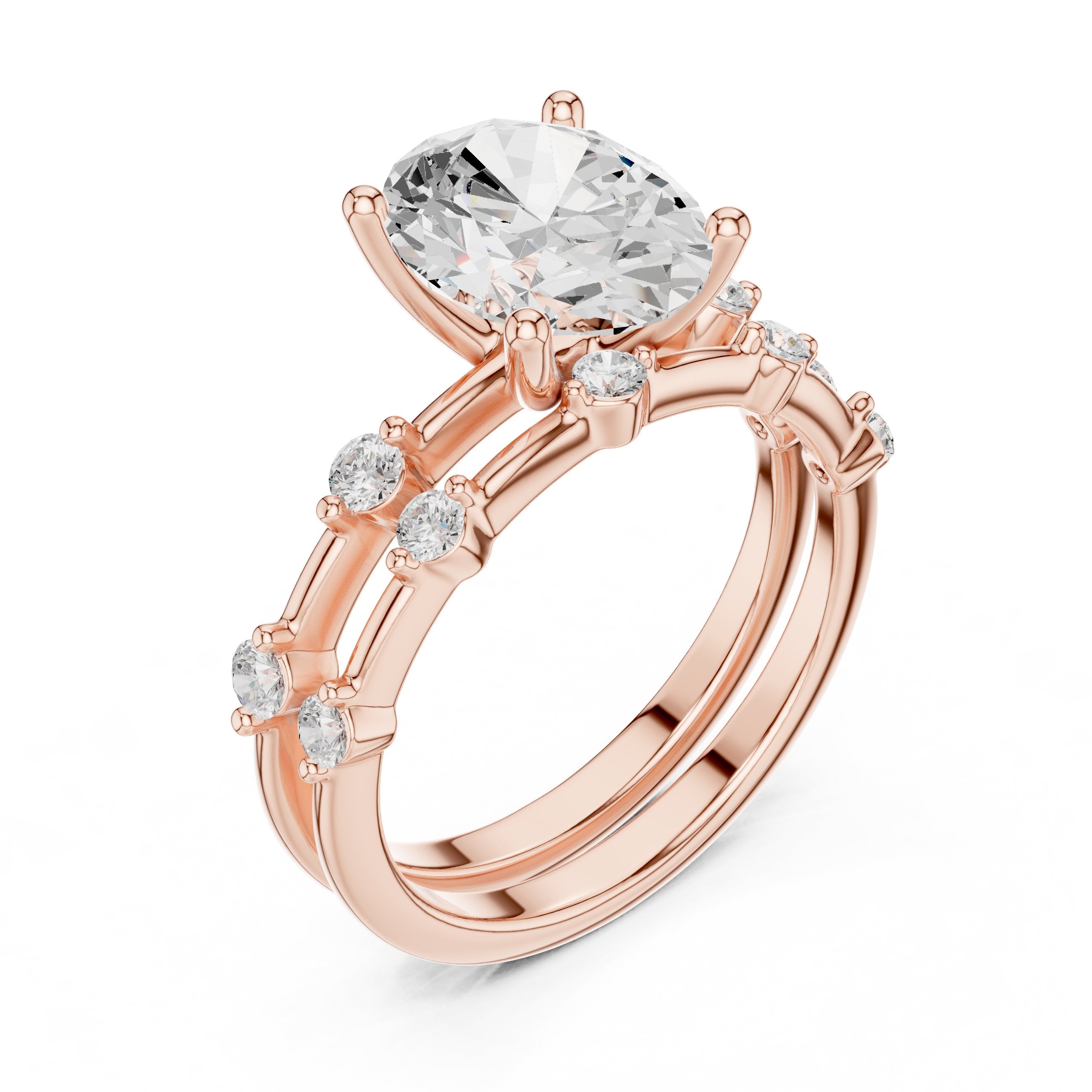 Oval Diamond Engagement Ring with Round Cluster Side Accents and Double Band in Rose Gold - VYKA Diamonds