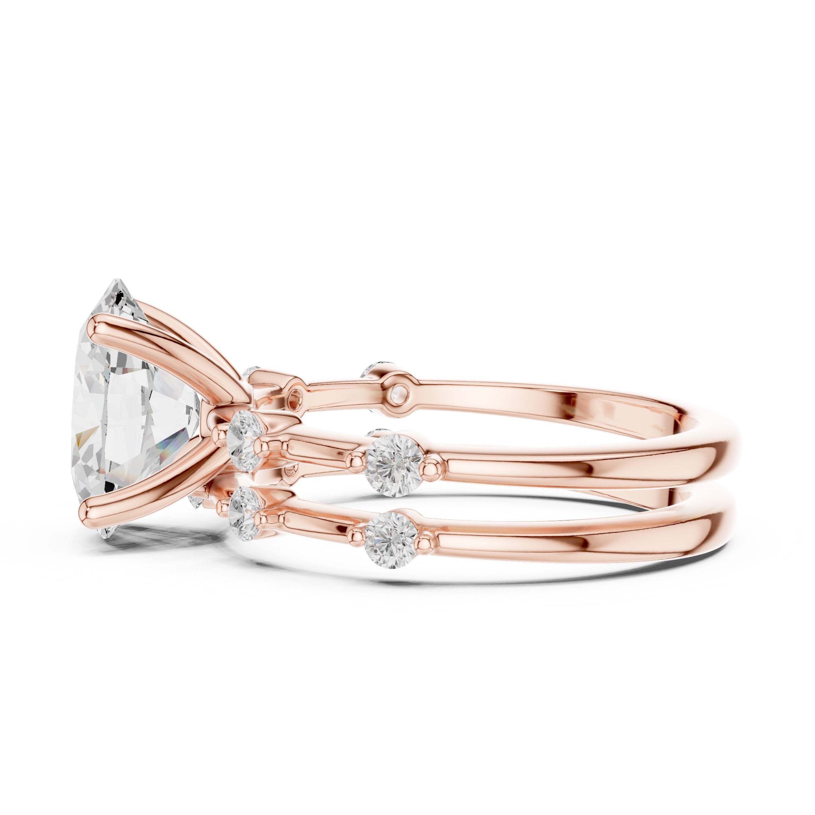 Oval Diamond Engagement Ring with Round Cluster Side Accents and Double Band in Rose Gold - VYKA Diamonds