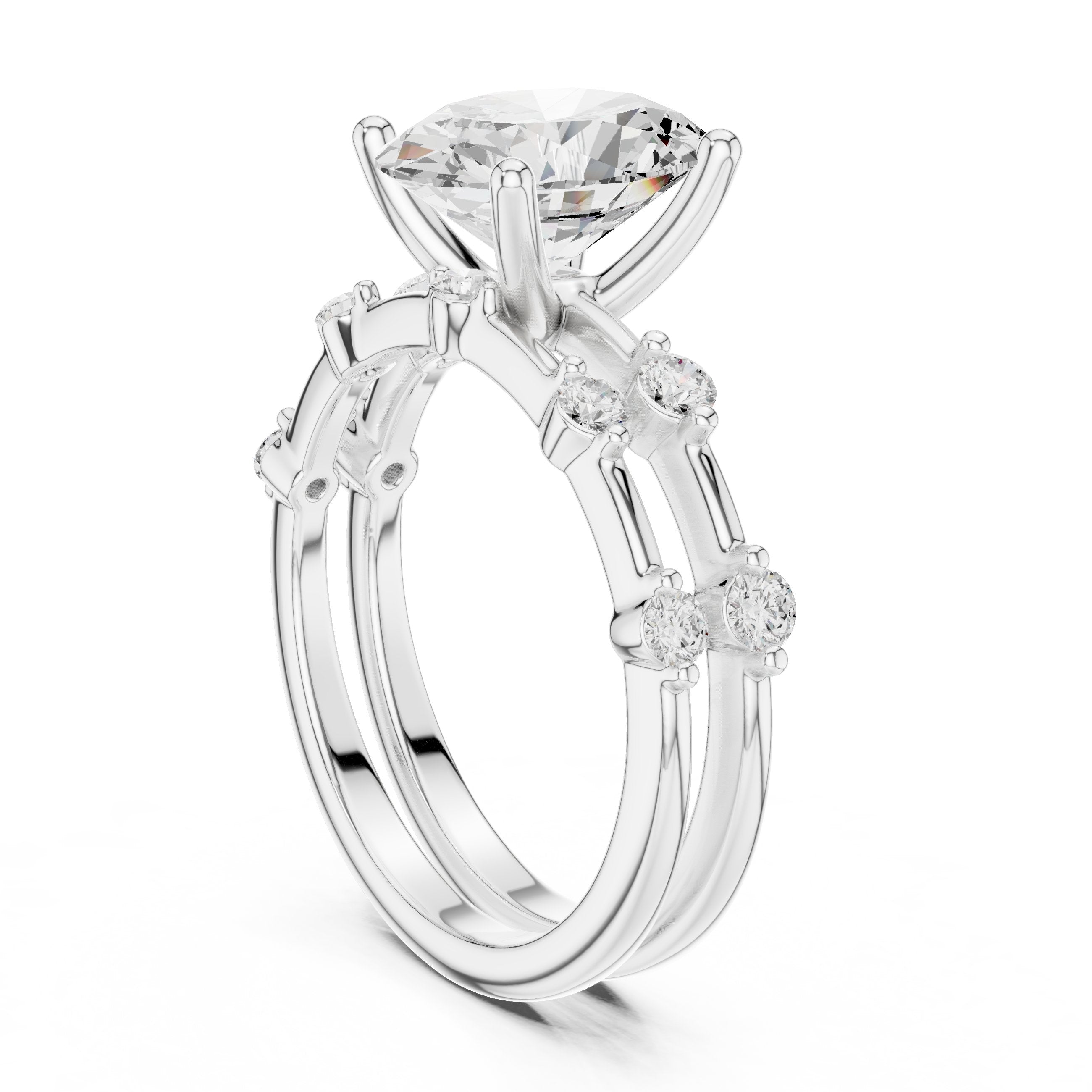 Oval Diamond Engagement Ring with Round Cluster Side Accents and Double Band in White Gold - VYKA Diamonds