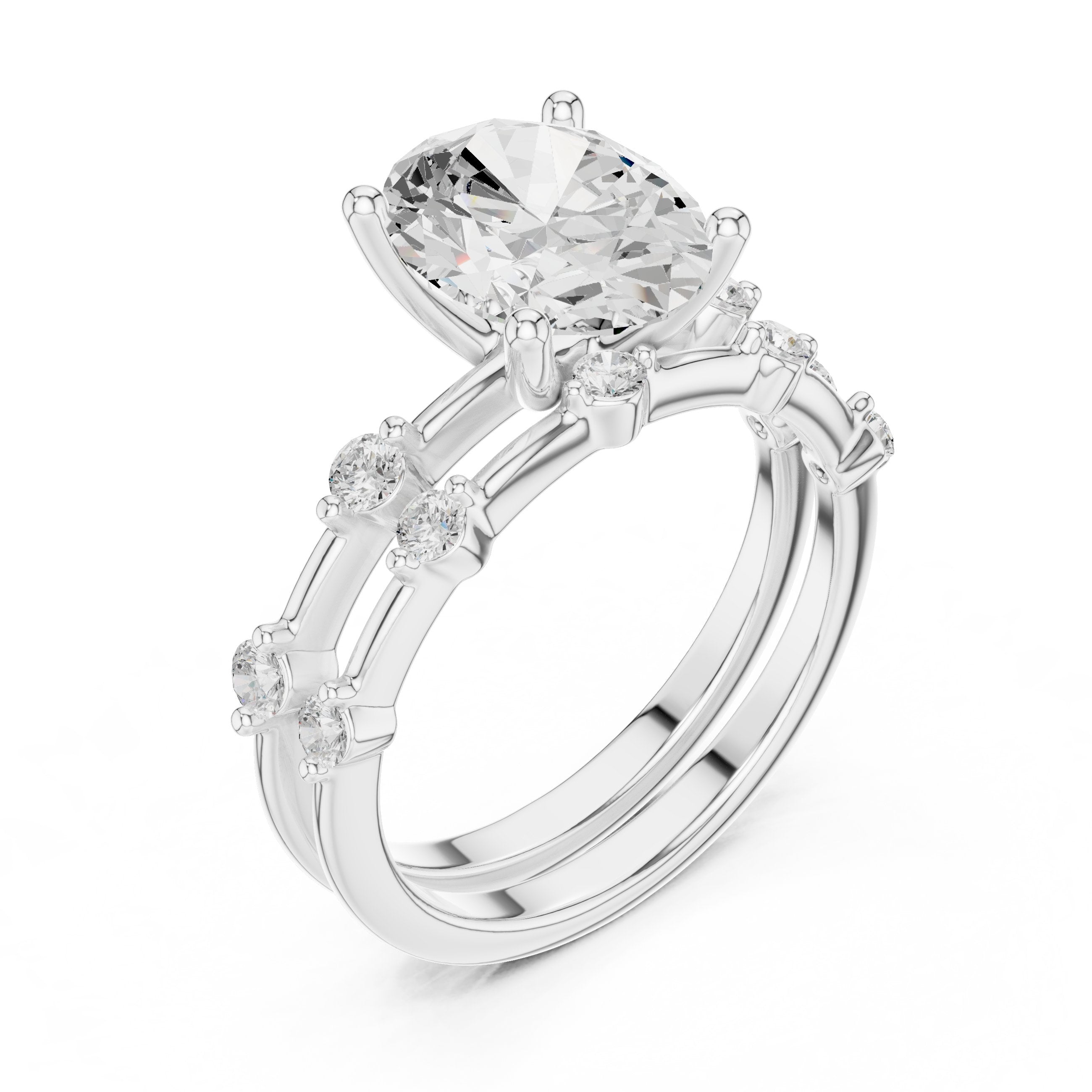 Oval Diamond Engagement Ring with Round Cluster Side Accents and Double Band in White Gold - VYKA Diamonds