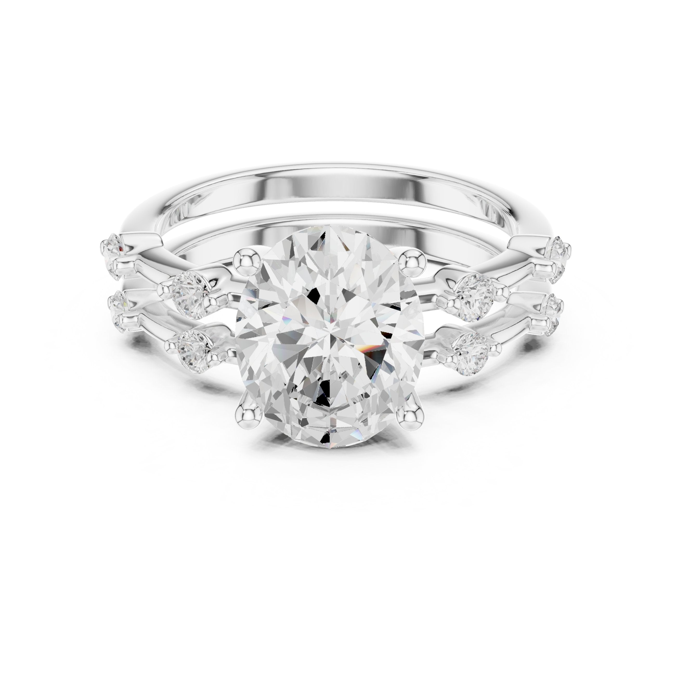 Oval Diamond Engagement Ring with Round Cluster Side Accents and Double Band in White Gold - VYKA Diamonds