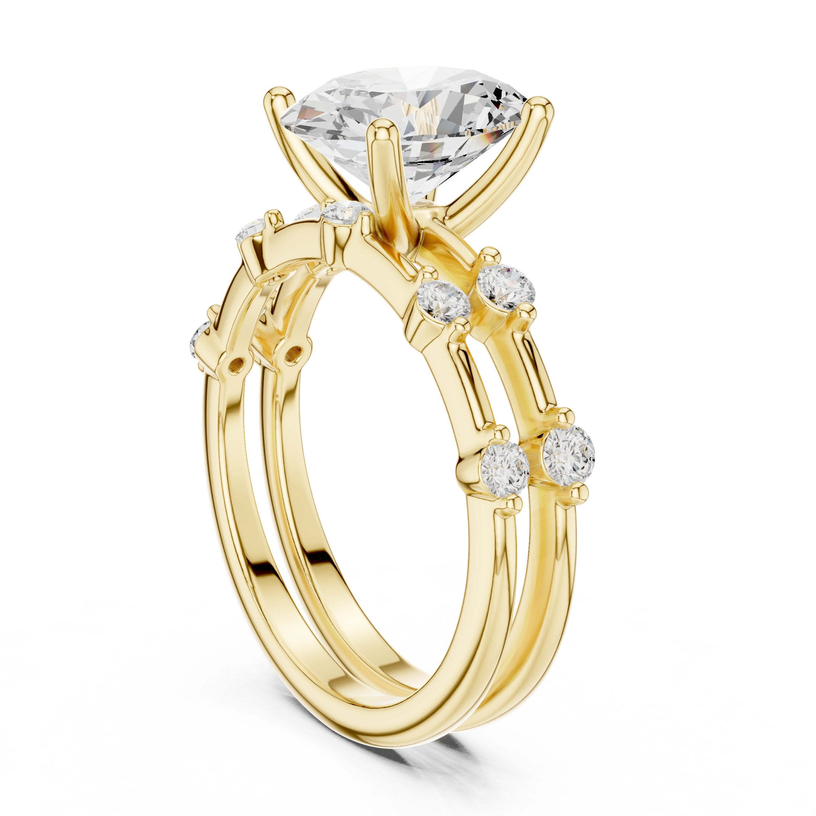 Oval Diamond Engagement Ring with Round Cluster Side Accents and Double Band in Yellow Gold - VYKA Diamonds