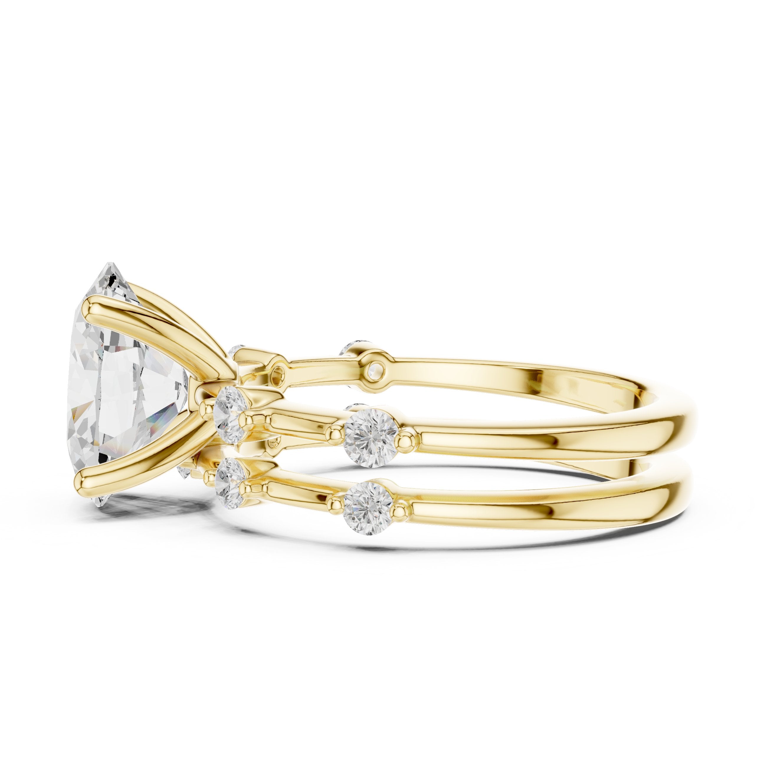 Oval Diamond Engagement Ring with Round Cluster Side Accents and Double Band in Yellow Gold - VYKA Diamonds