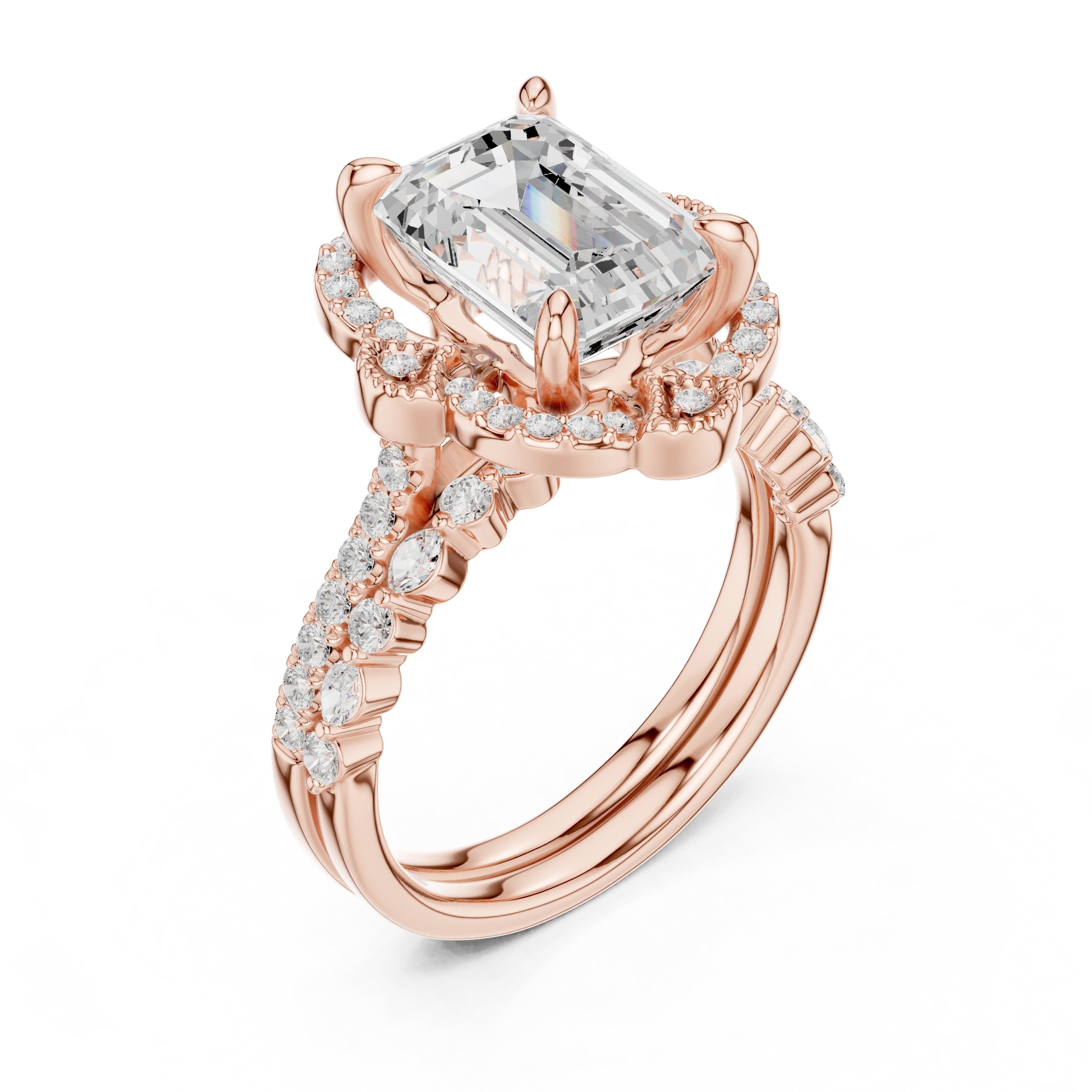 Emerald Cut Vintage Halo Engagement Ring with Sculpted Scrollwork and Pavé Band in Rose Gold - VYKA Diamonds