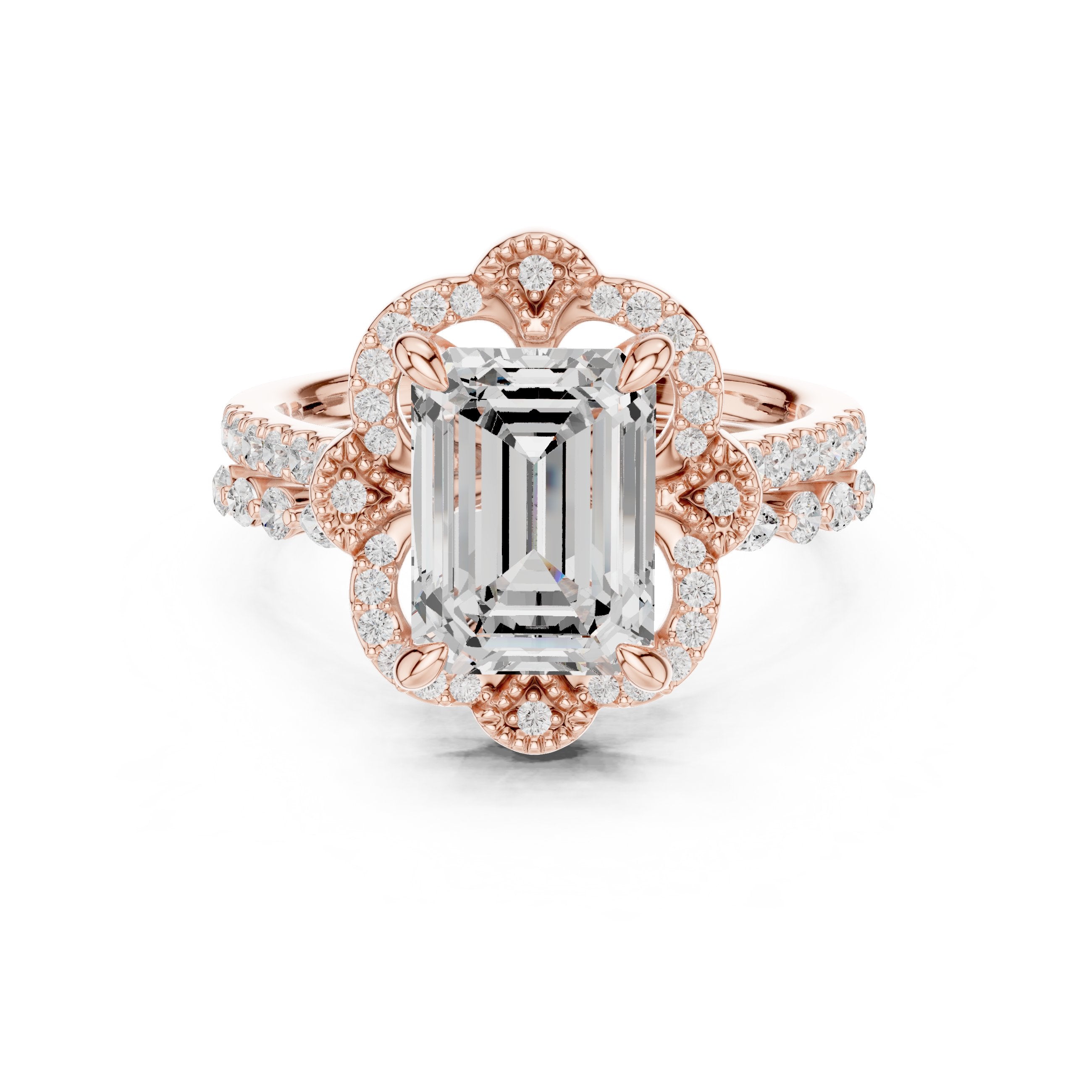 Emerald Cut Vintage Halo Engagement Ring with Sculpted Scrollwork and Pavé Band in Rose Gold - VYKA Diamonds