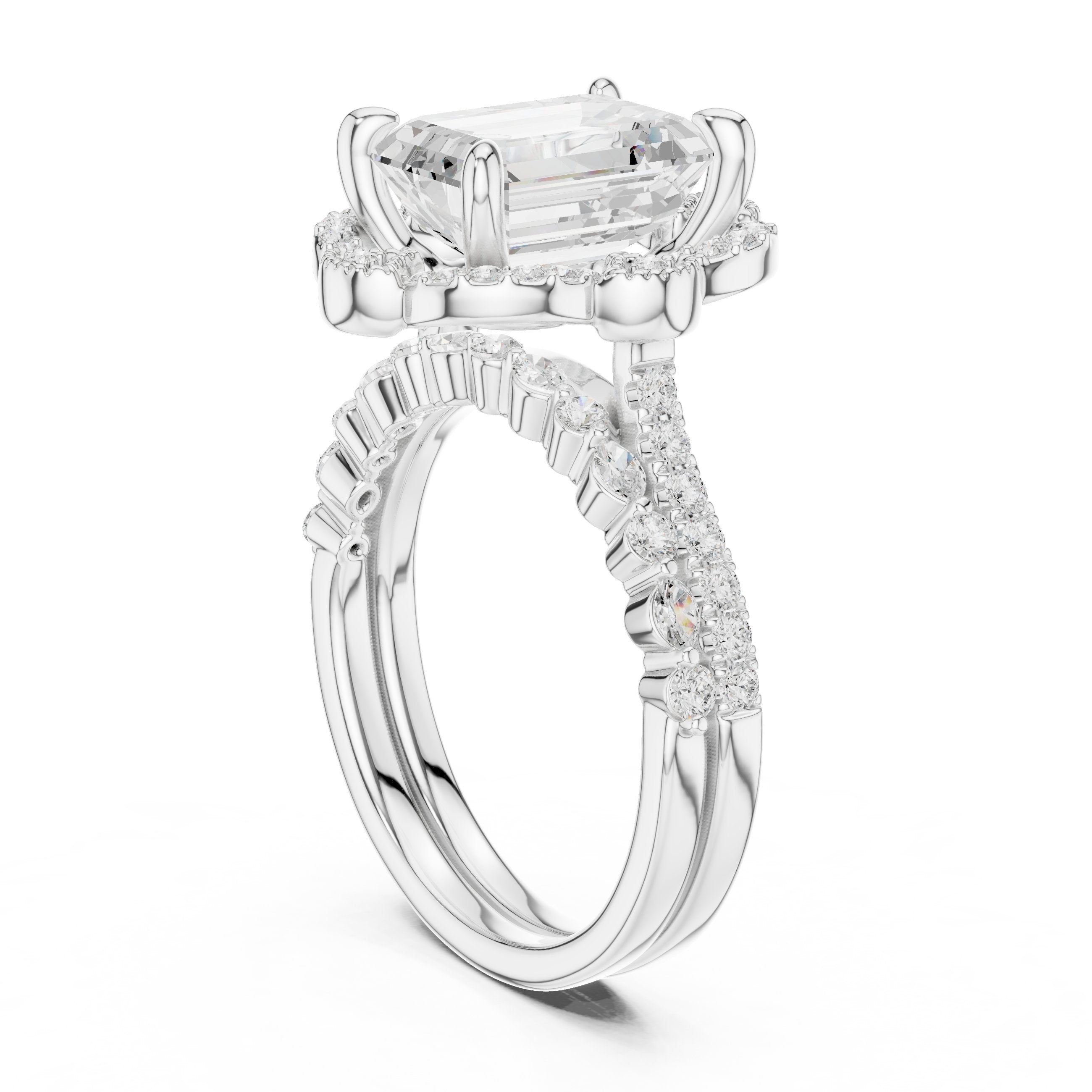 Emerald Cut Vintage Halo Engagement Ring with Sculpted Scrollwork and Pavé Band in White Gold - VYKA Diamonds