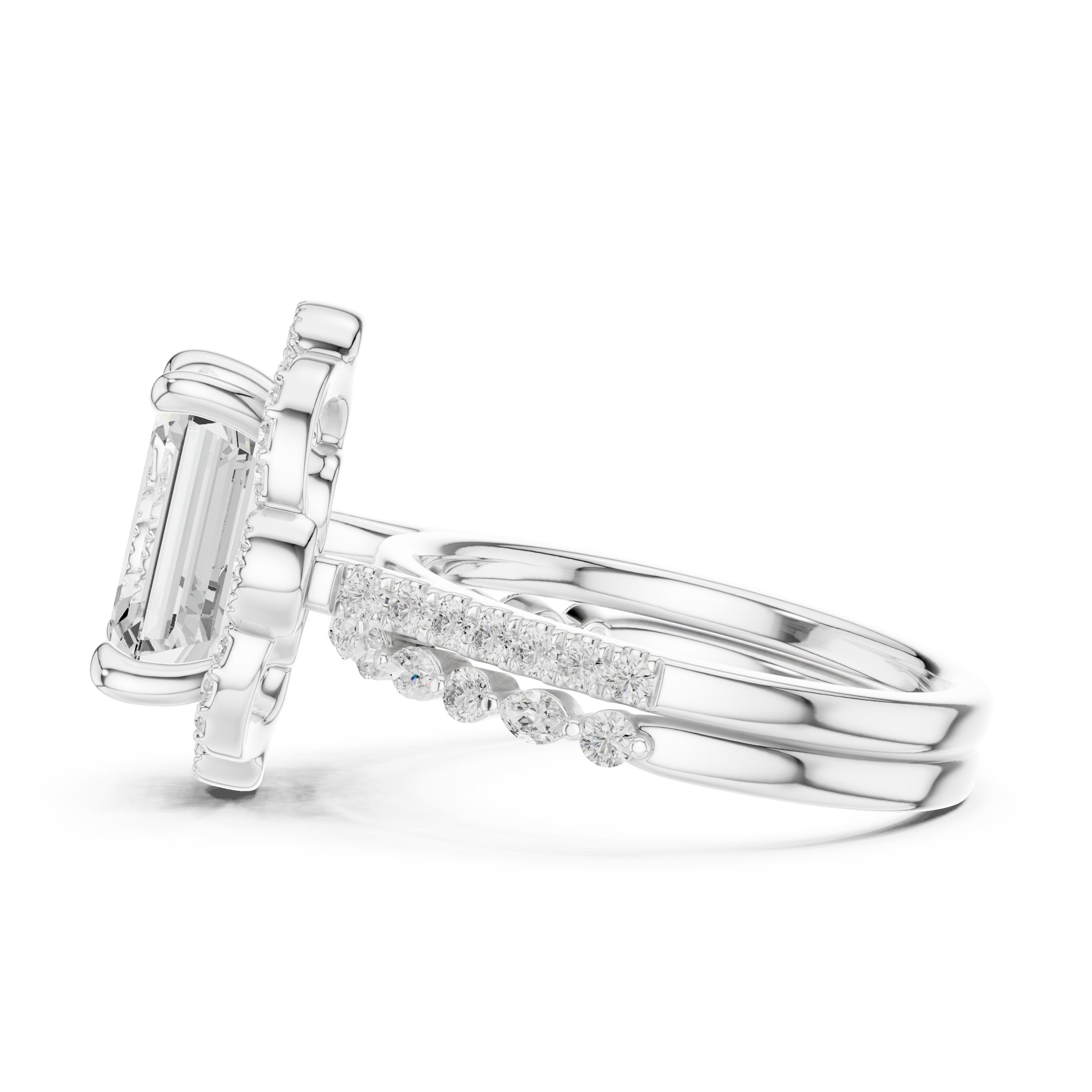 Emerald Cut Vintage Halo Engagement Ring with Sculpted Scrollwork and Pavé Band in White Gold - VYKA Diamonds