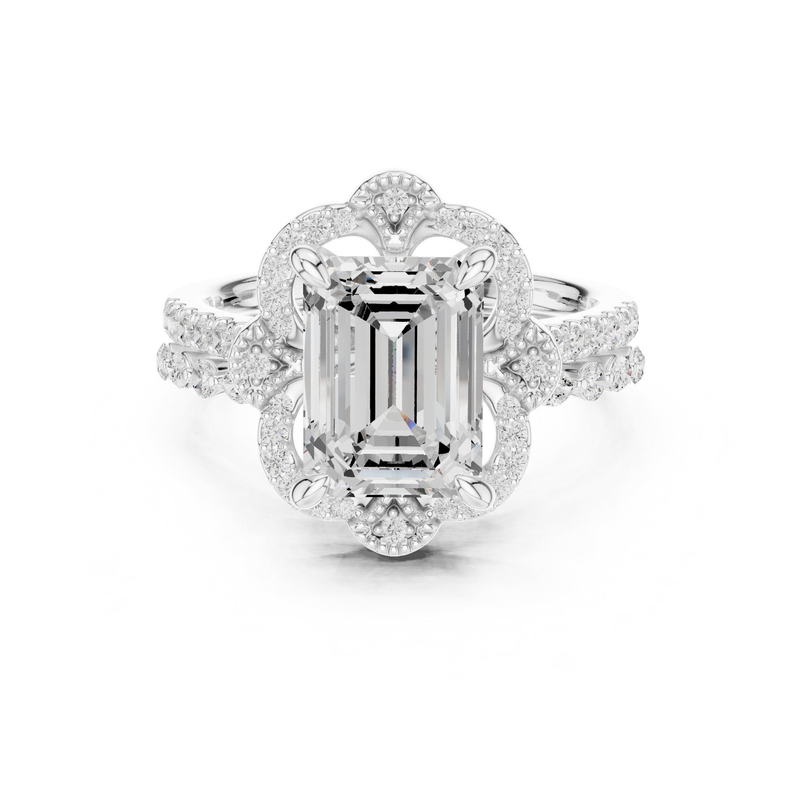 Emerald Cut Vintage Halo Engagement Ring with Sculpted Scrollwork and Pavé Band in White Gold - VYKA Diamonds
