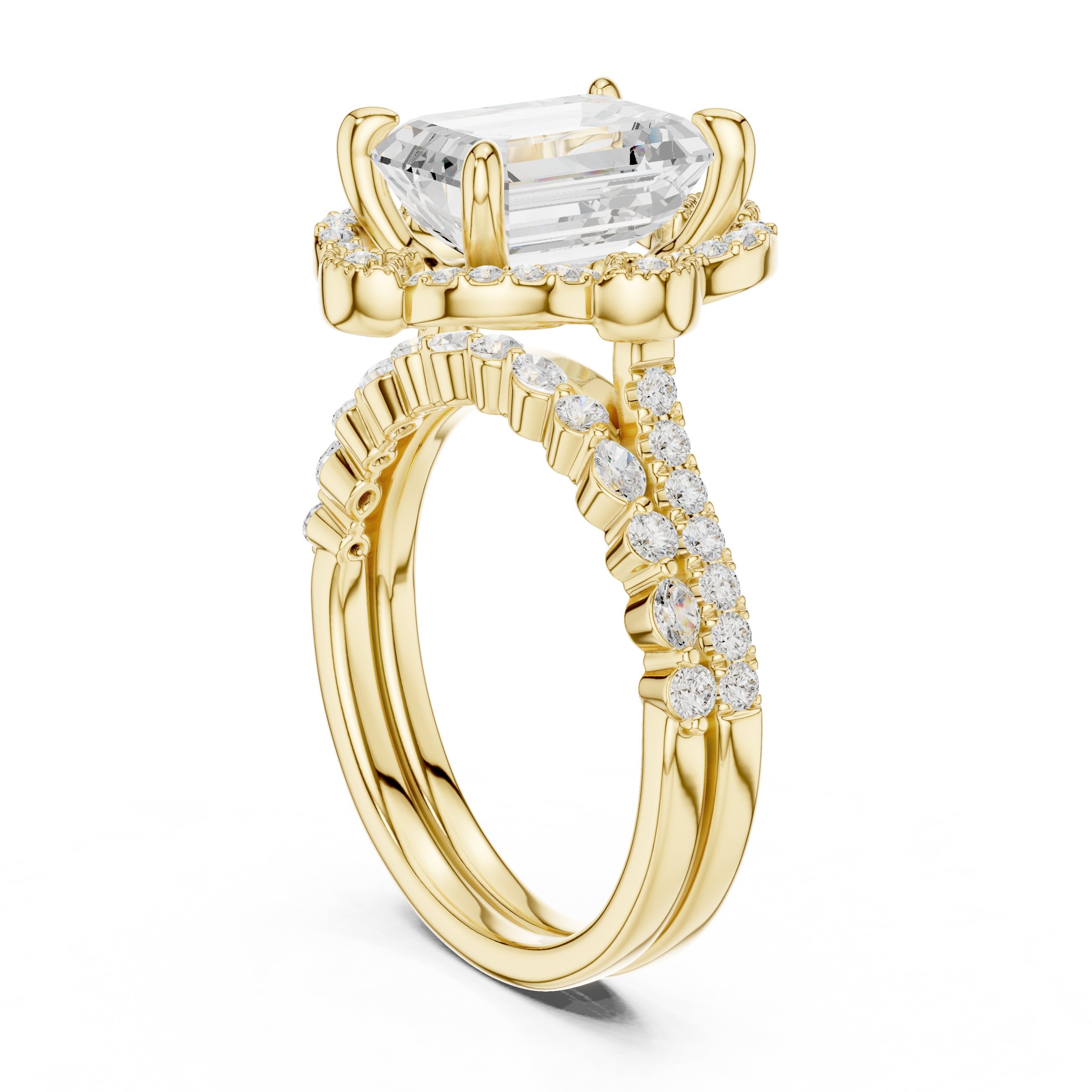 Emerald Cut Vintage Halo Engagement Ring with Sculpted Scrollwork and Pavé Band in Yellow Gold - VYKA Diamonds