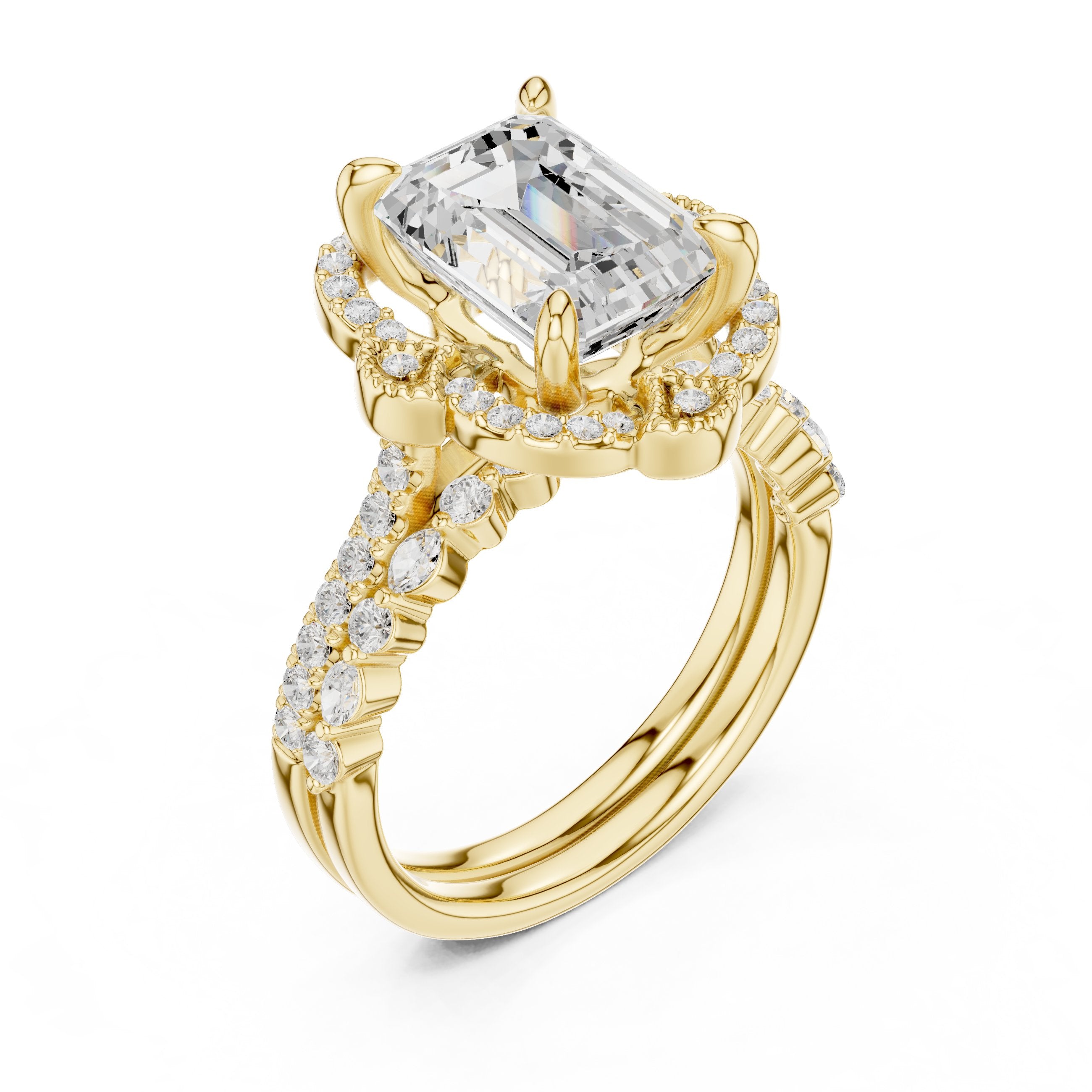 Emerald Cut Vintage Halo Engagement Ring with Sculpted Scrollwork and Pavé Band in Yellow Gold - VYKA Diamonds