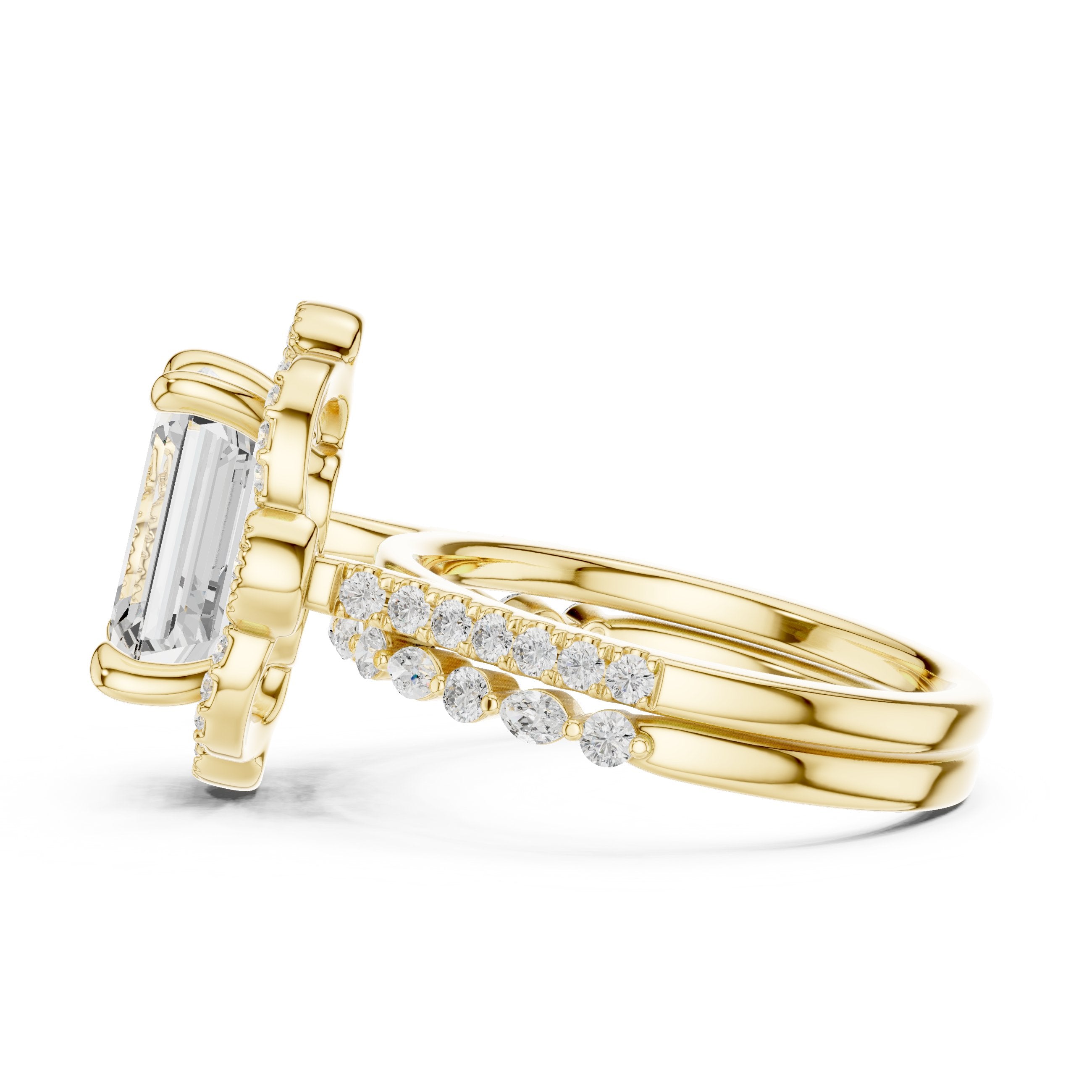 Emerald Cut Vintage Halo Engagement Ring with Sculpted Scrollwork and Pavé Band in Yellow Gold - VYKA Diamonds