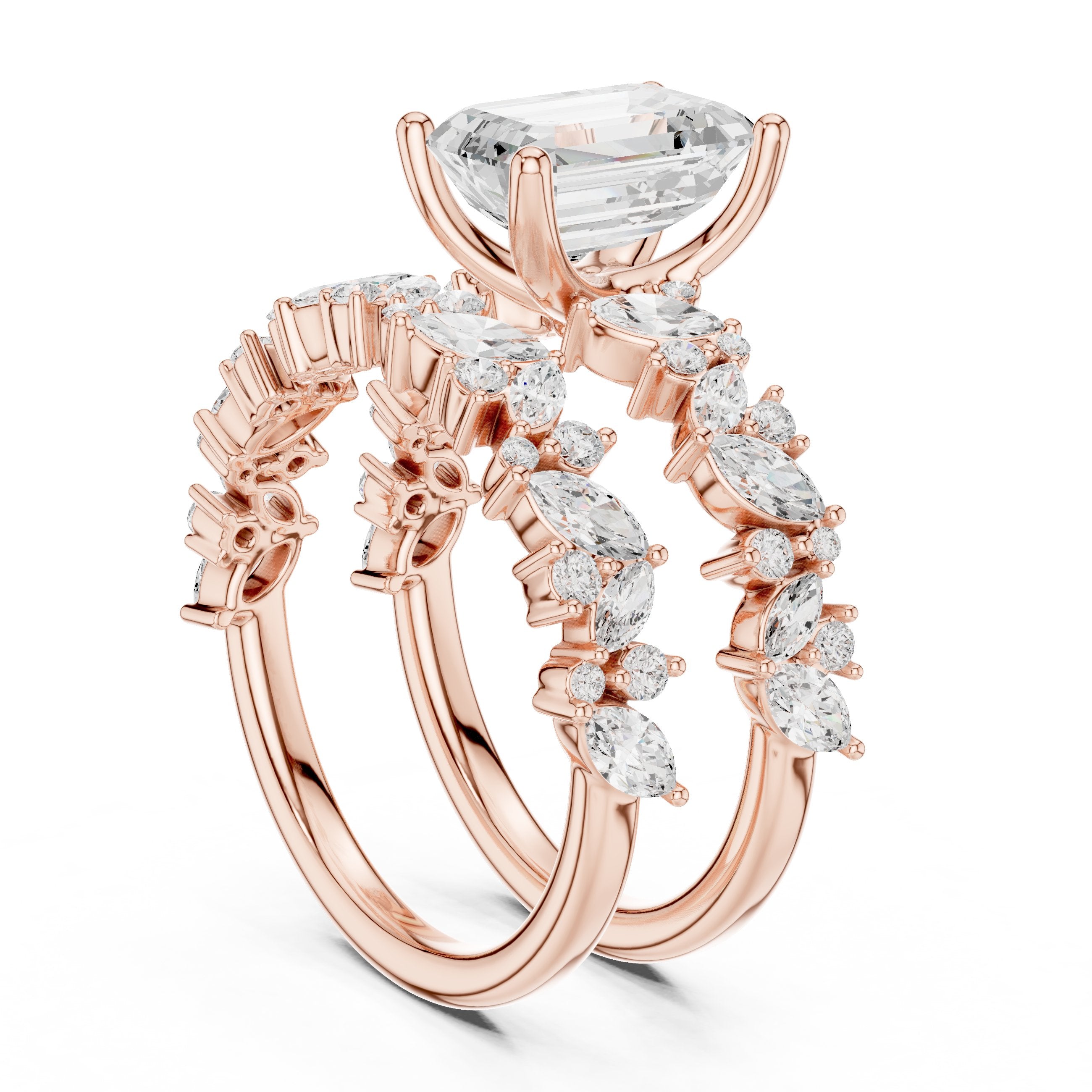 Emerald Cut Engagement Ring with Marquise Vine Cluster Double Band in Rose Gold - VYKA Diamonds