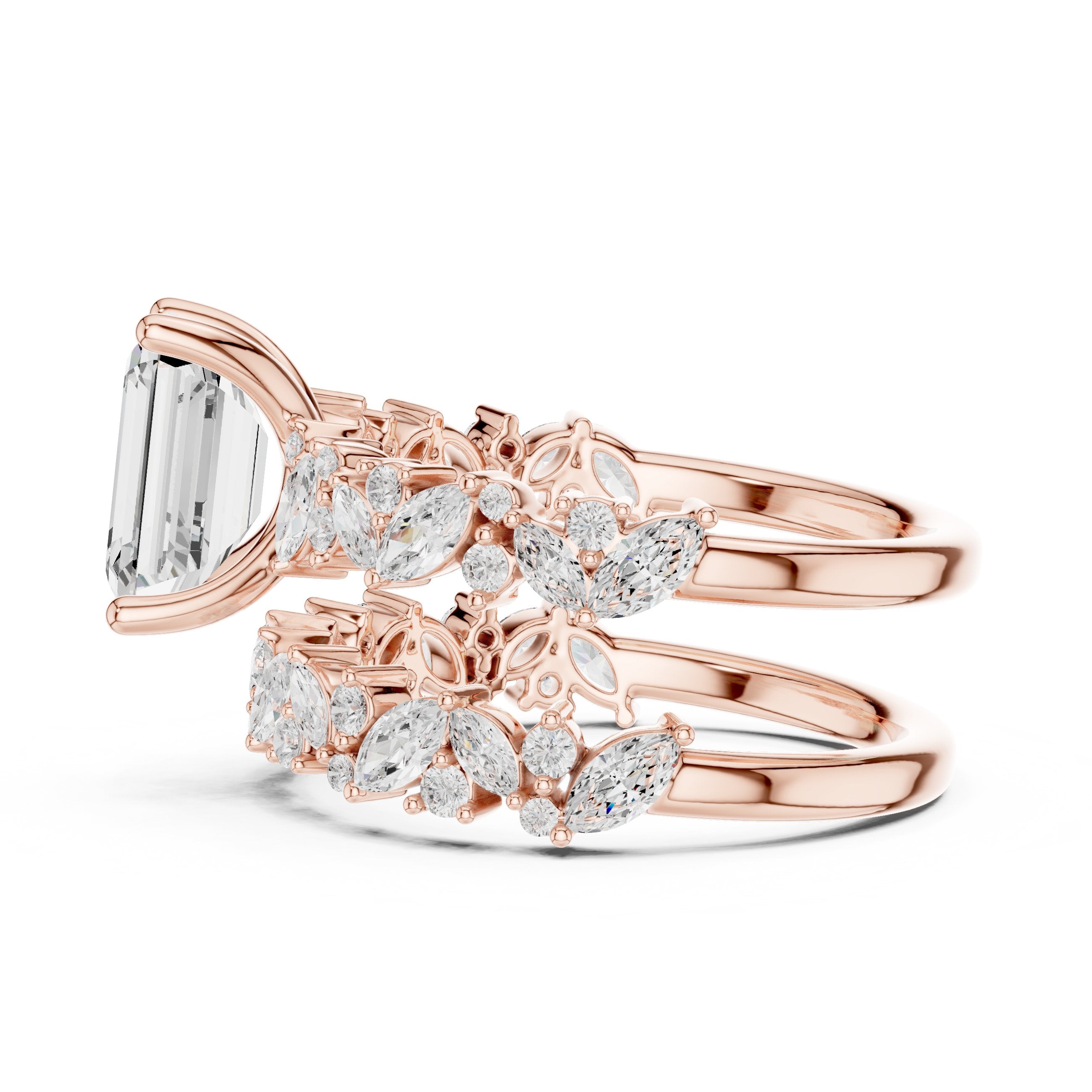 Emerald Cut Engagement Ring with Marquise Vine Cluster Double Band in Rose Gold - VYKA Diamonds