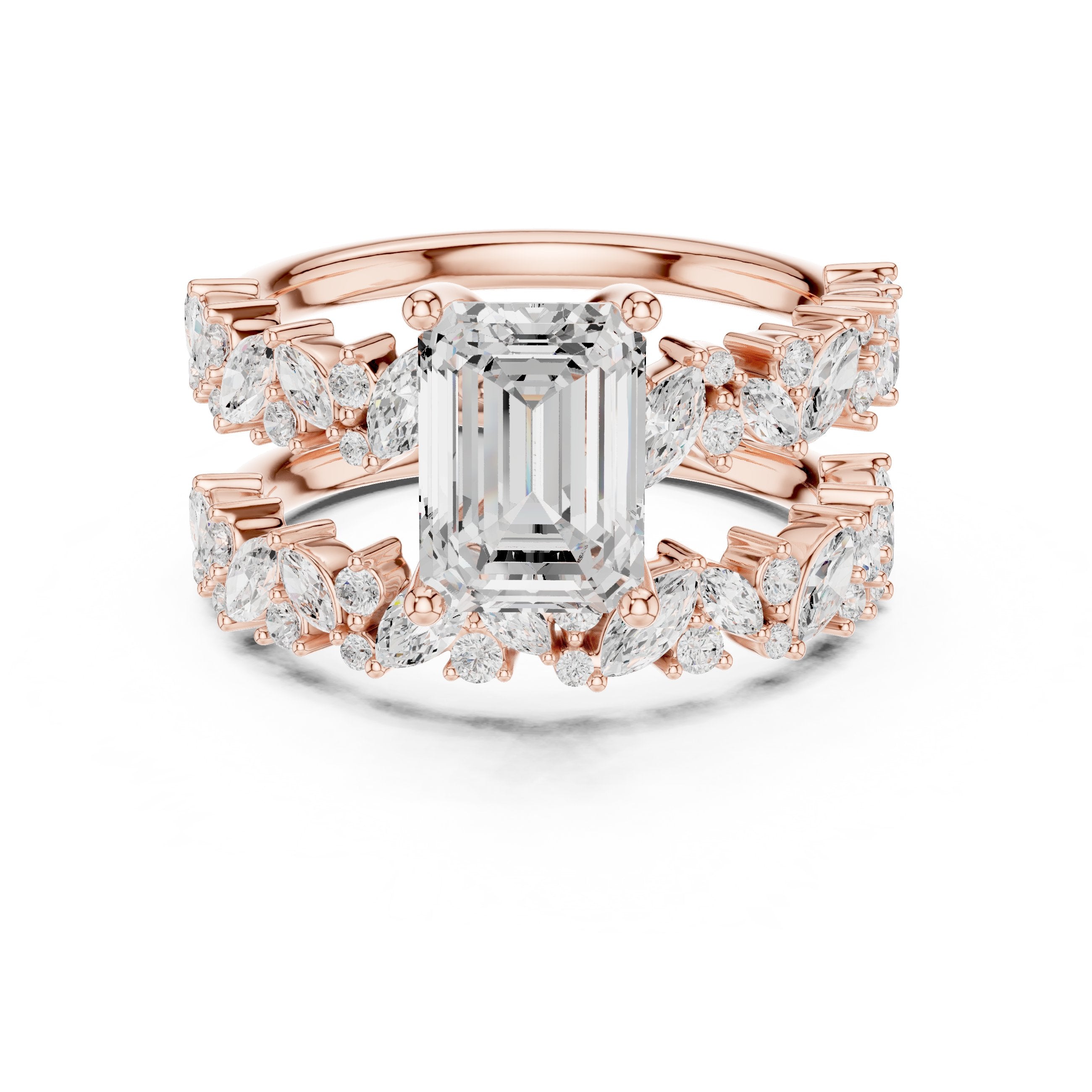 Emerald Cut Engagement Ring with Marquise Vine Cluster Double Band in Rose Gold - VYKA Diamonds