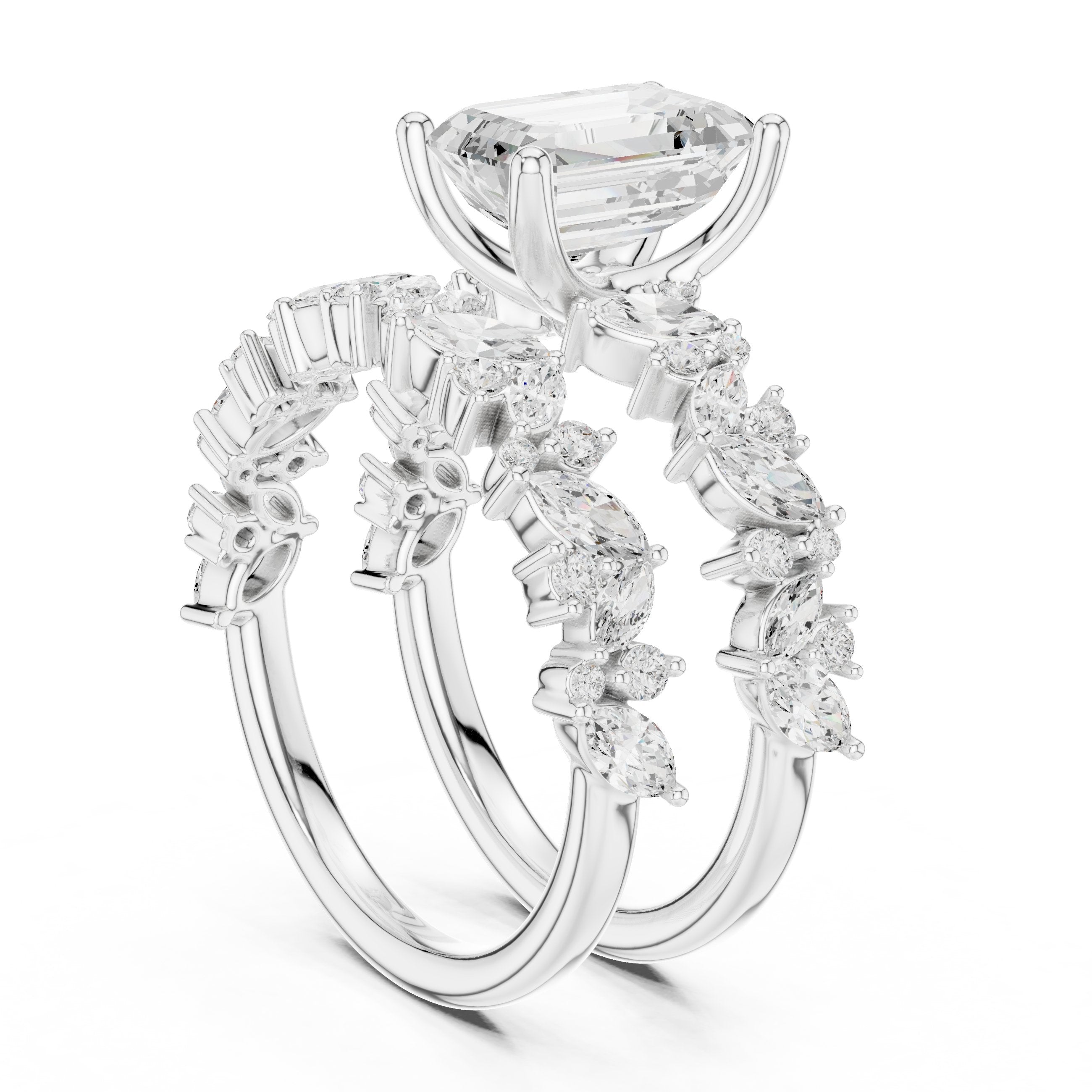 Emerald Cut Engagement Ring with Marquise Vine Cluster Double Band in White Gold - VYKA Diamonds