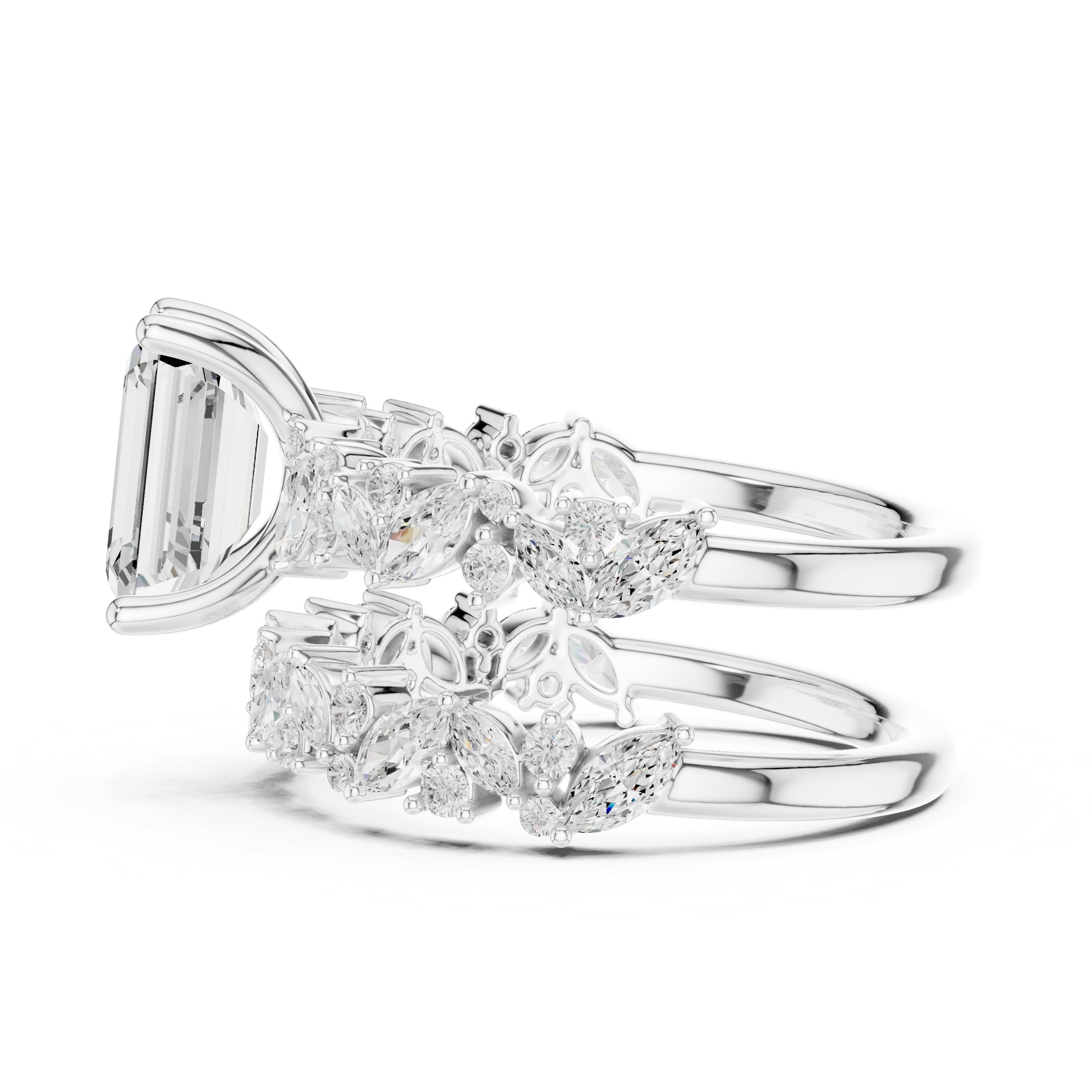Emerald Cut Engagement Ring with Marquise Vine Cluster Double Band in White Gold - VYKA Diamonds