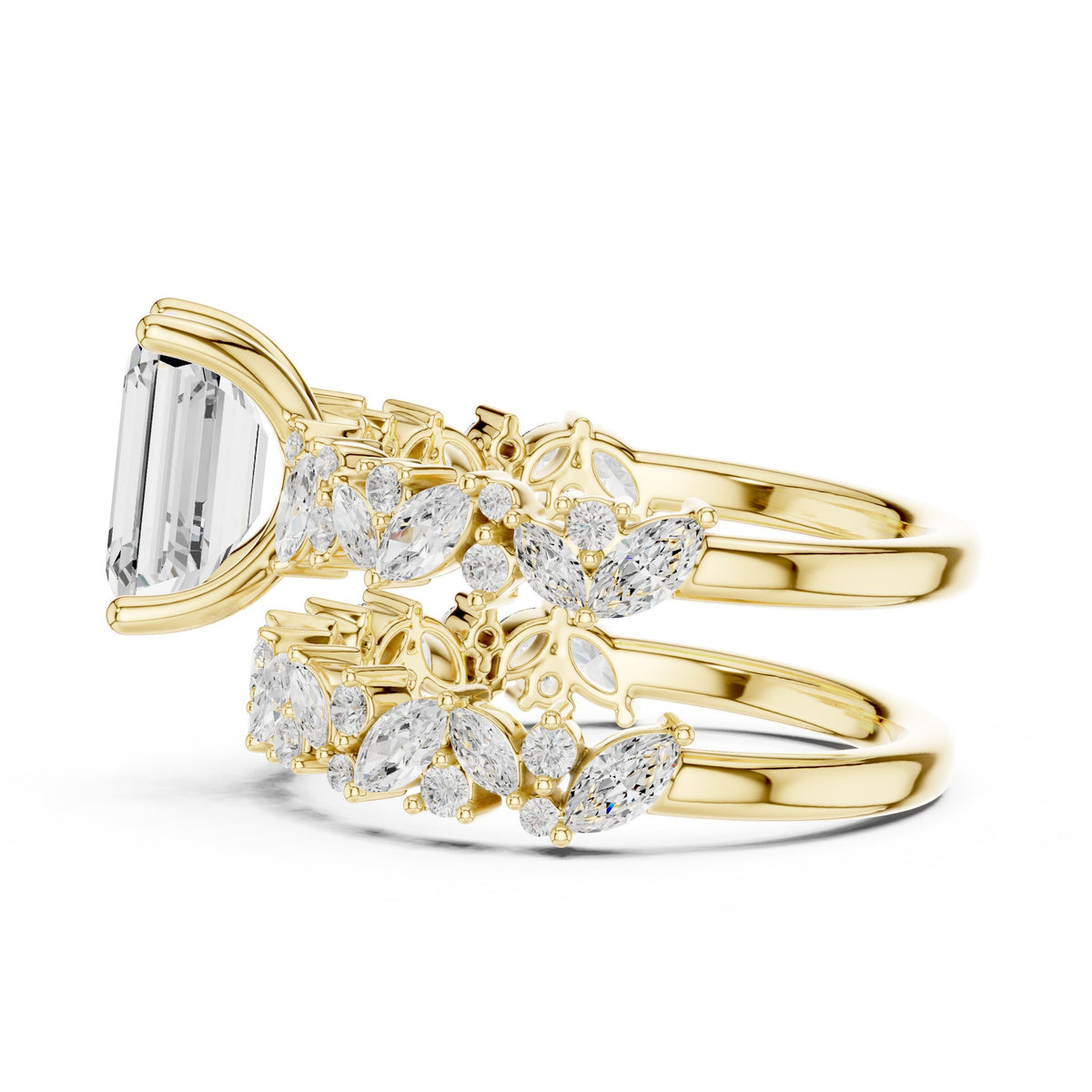 Emerald Cut Engagement Ring with Marquise Vine Cluster Double Band