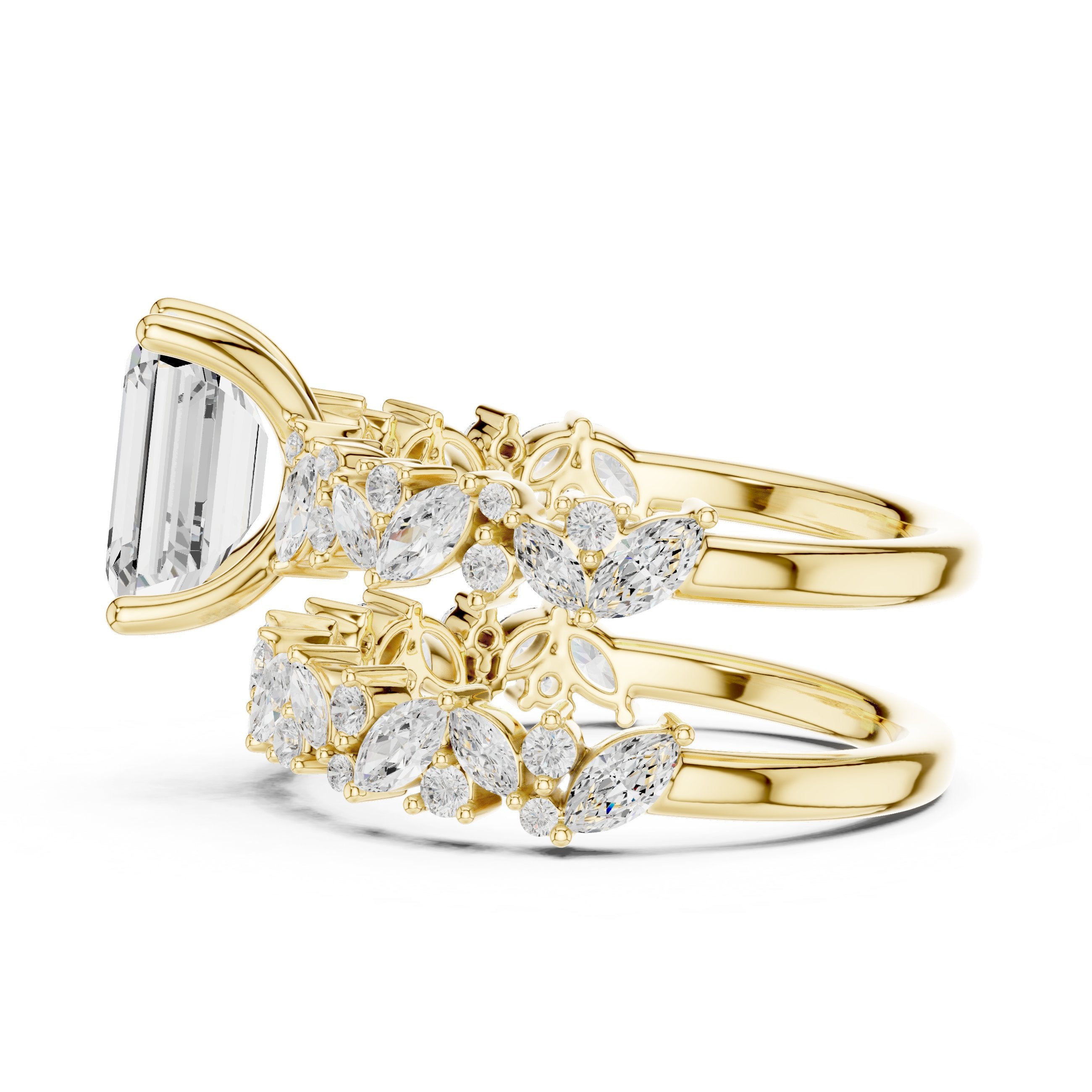 Emerald Cut Engagement Ring with Marquise Vine Cluster Double Band in Yellow Gold - VYKA Diamonds