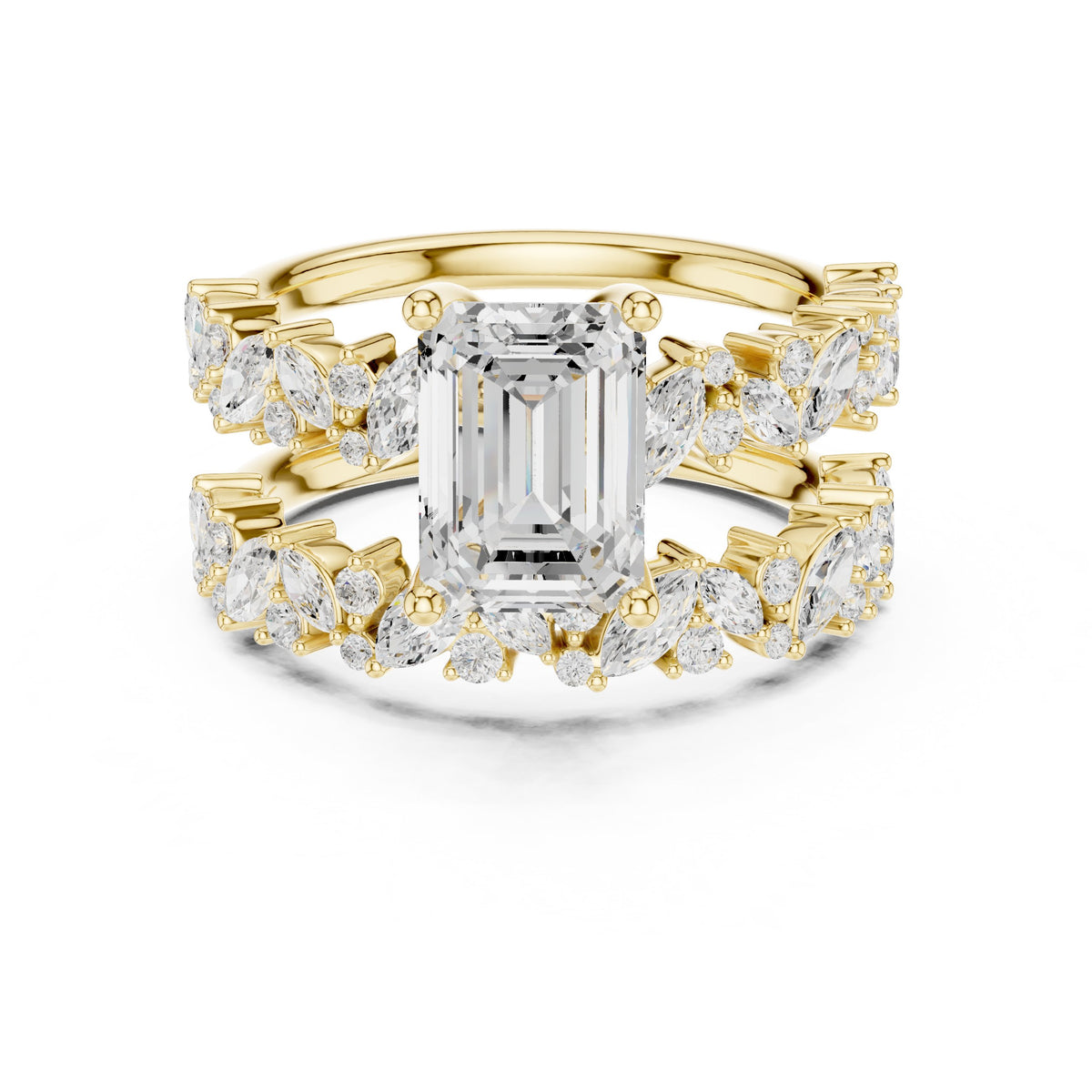 Emerald Cut Engagement Ring with Marquise Vine Cluster Double Band