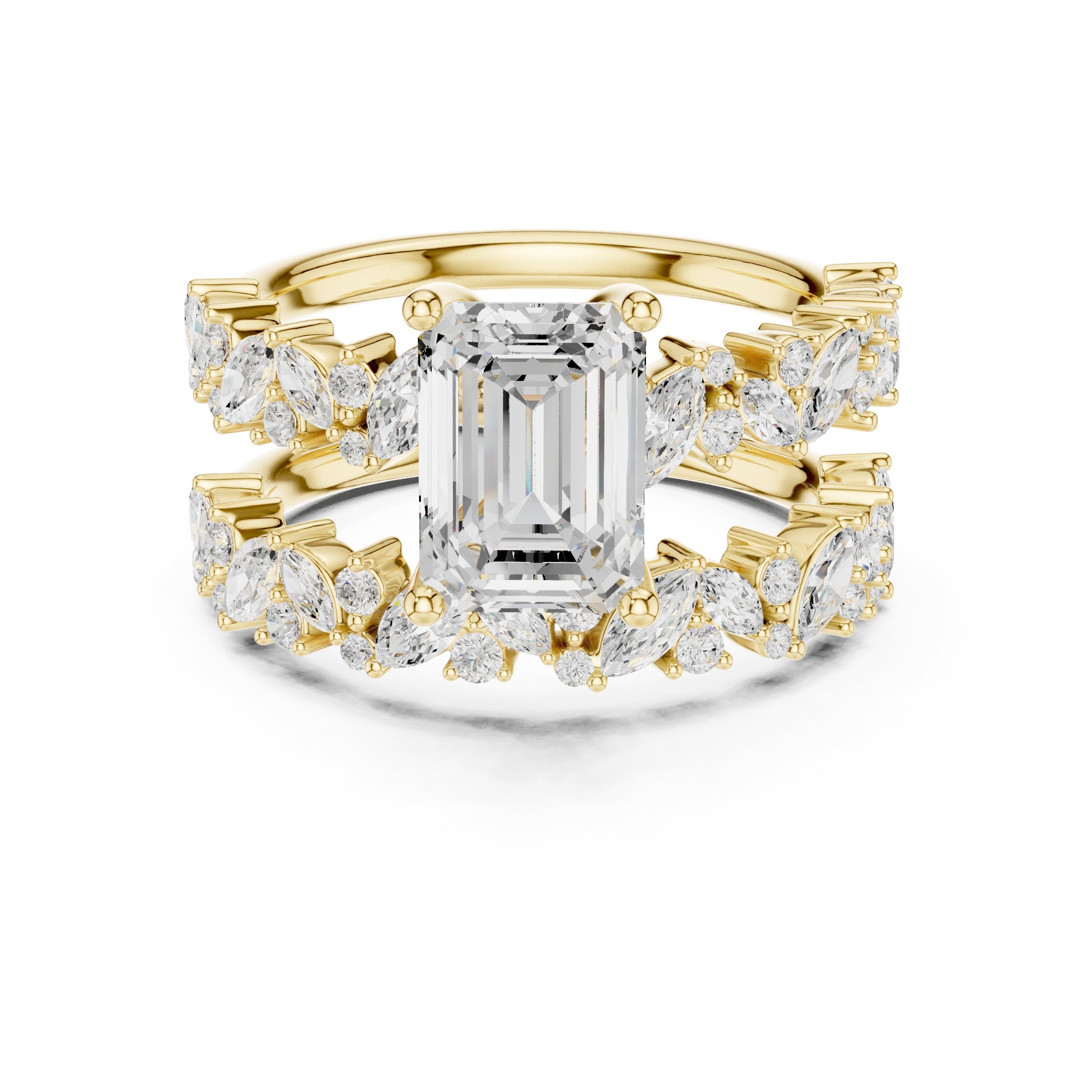 Emerald Cut Engagement Ring with Marquise Vine Cluster Double Band in Yellow Gold - VYKA Diamonds
