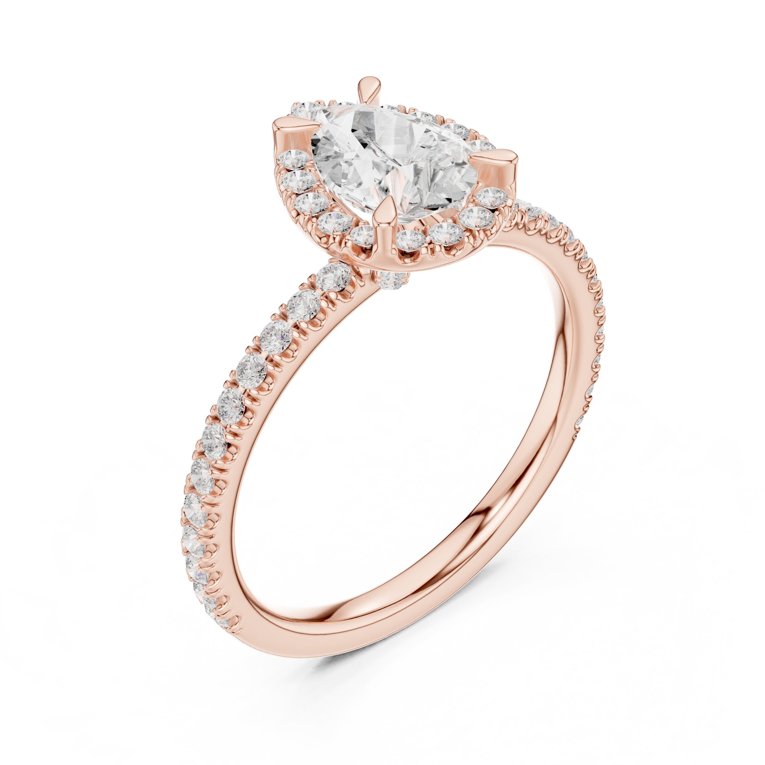 Pear Diamond Halo Engagement Ring with Pavé Band in Rose Gold - VYKA Diamonds