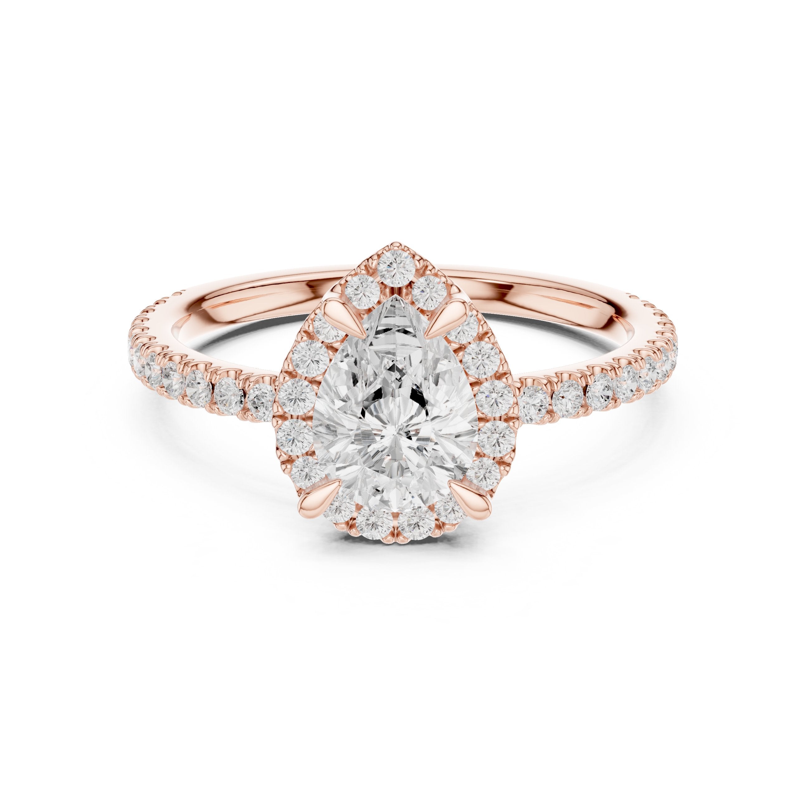 Pear Diamond Halo Engagement Ring with Pavé Band in Rose Gold - VYKA Diamonds