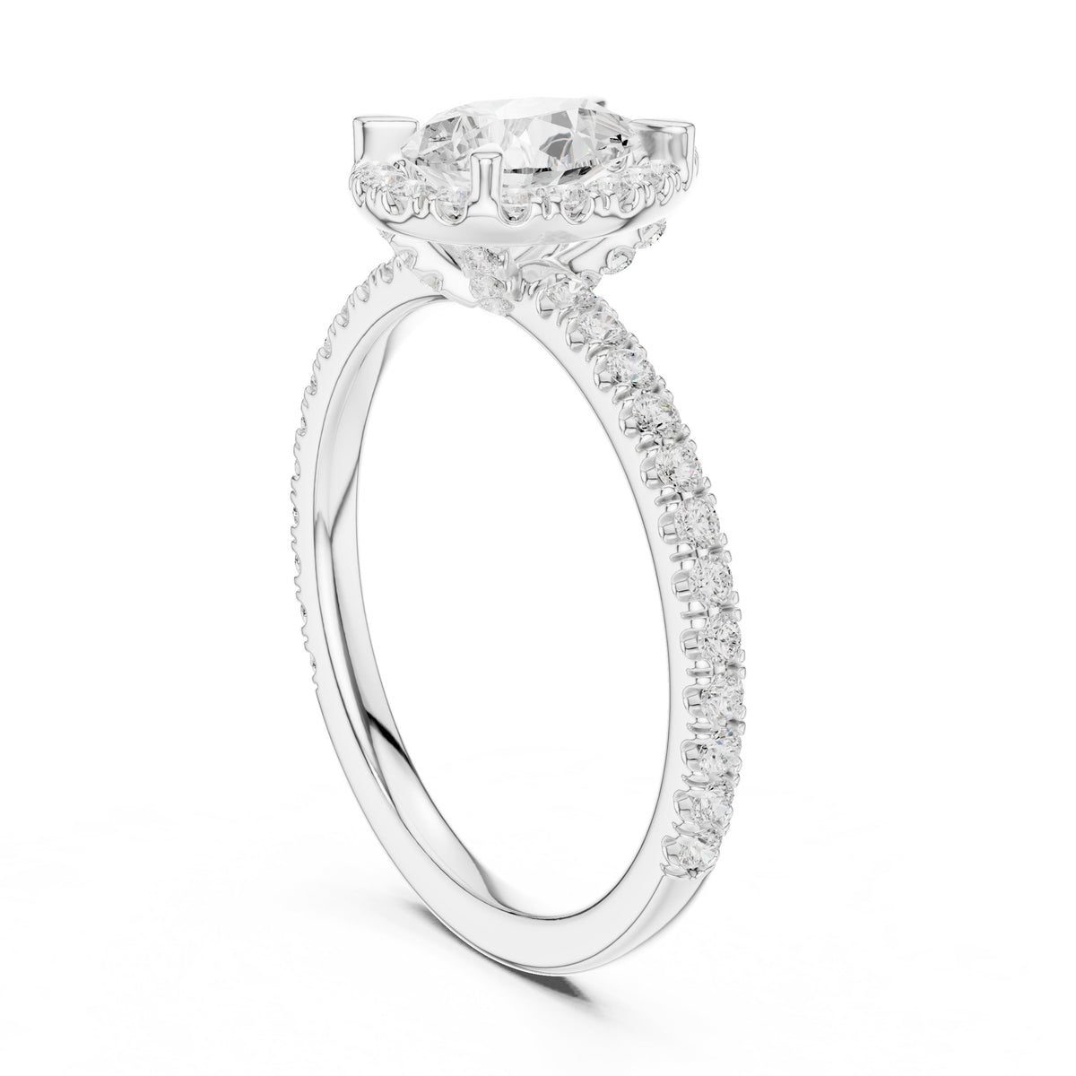 Pear Diamond Halo Engagement Ring with Pavé Band