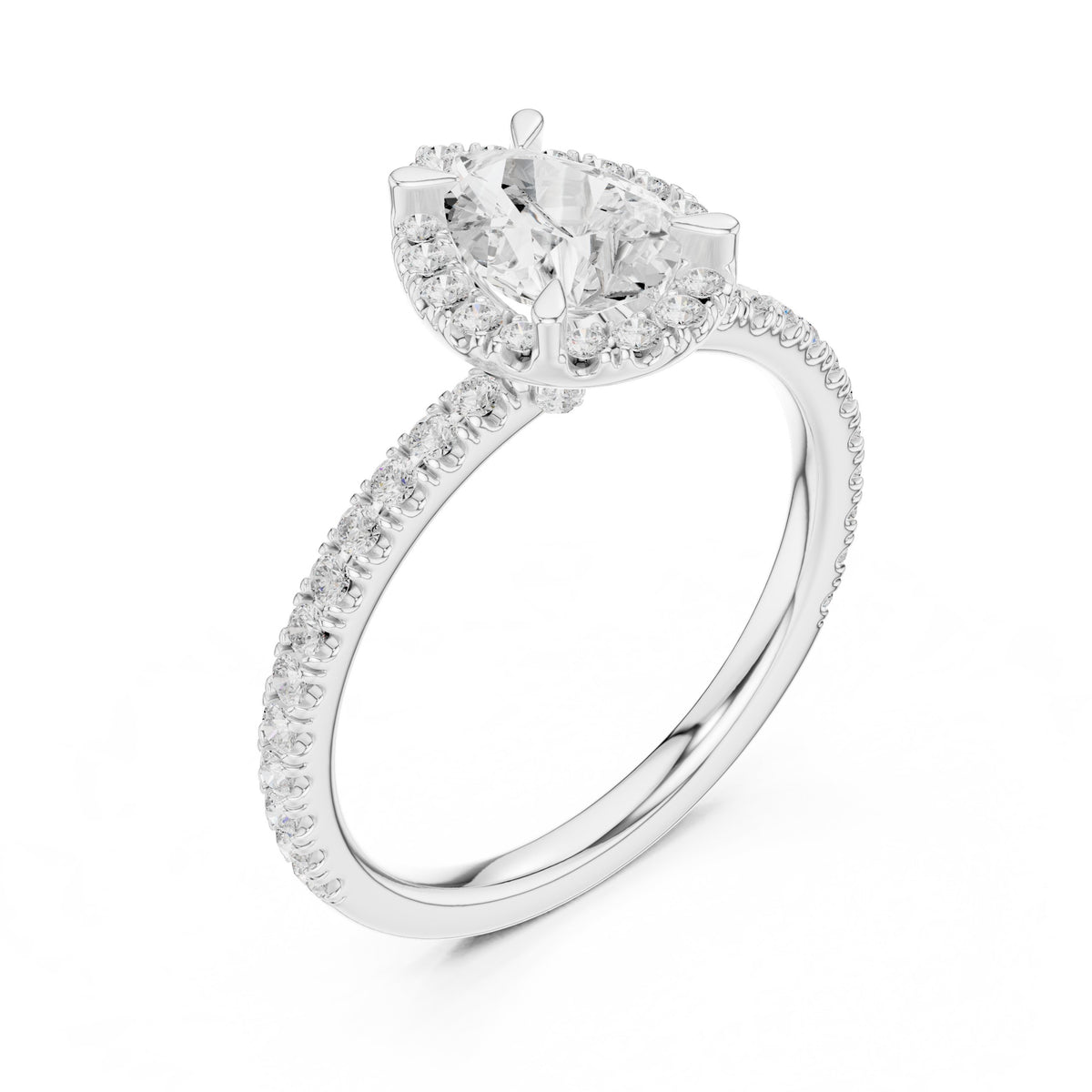 Pear Diamond Halo Engagement Ring with Pavé Band