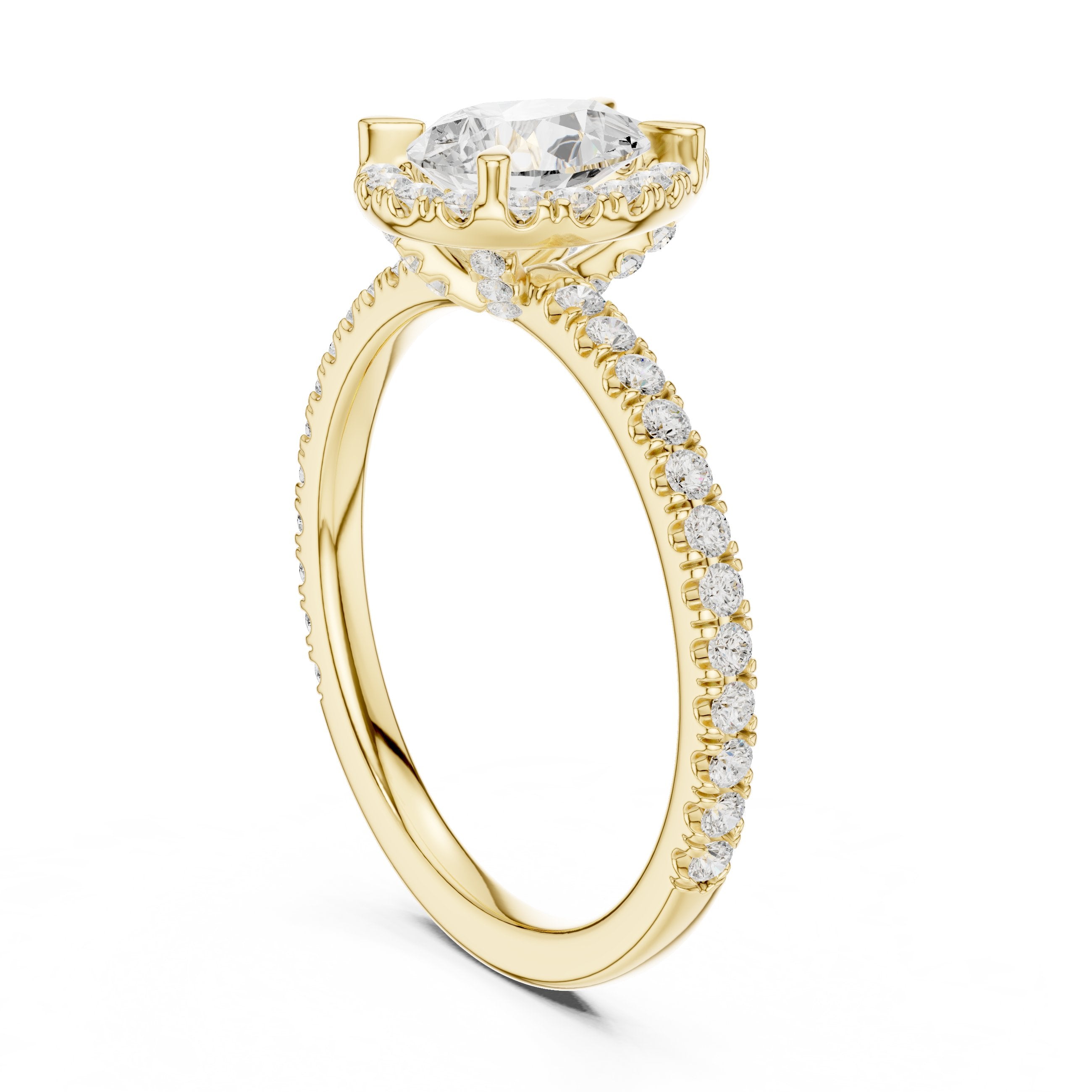 Pear Diamond Halo Engagement Ring with Pavé Band in Yellow Gold - VYKA Diamonds