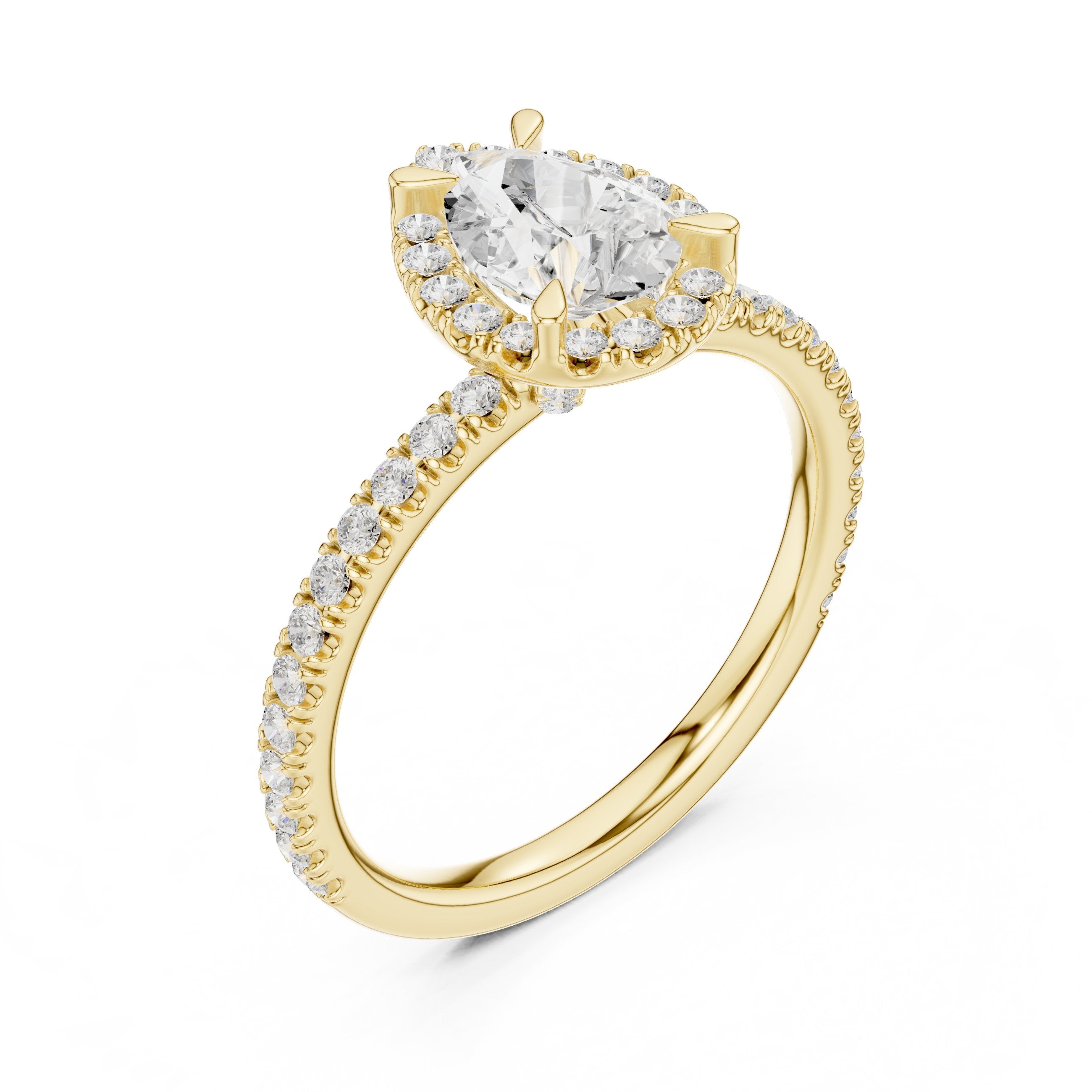 Pear Diamond Halo Engagement Ring with Pavé Band in Yellow Gold - VYKA Diamonds