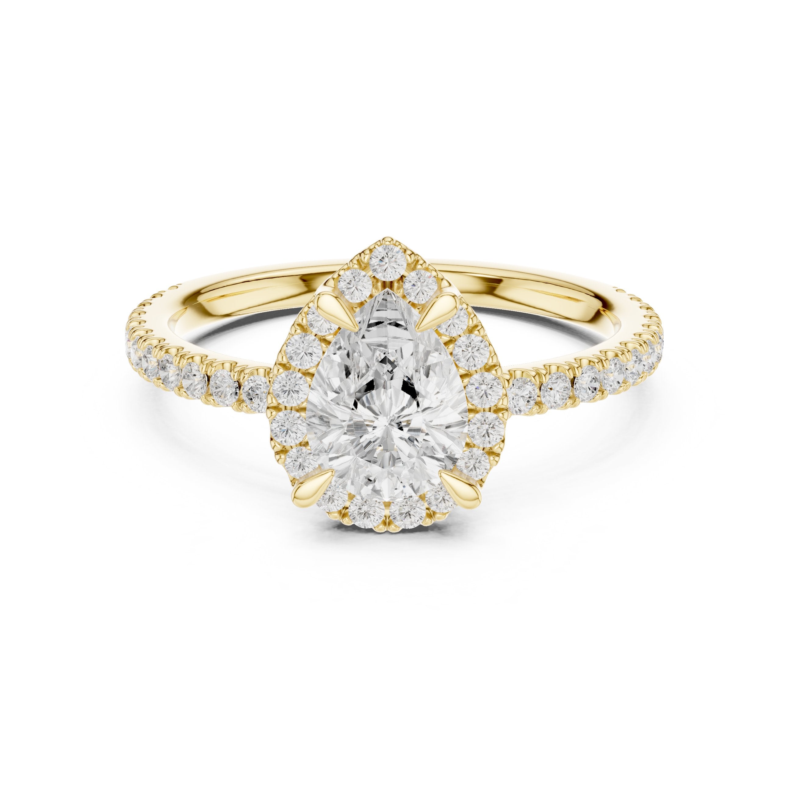 Pear Diamond Halo Engagement Ring with Pavé Band in Yellow Gold - VYKA Diamonds