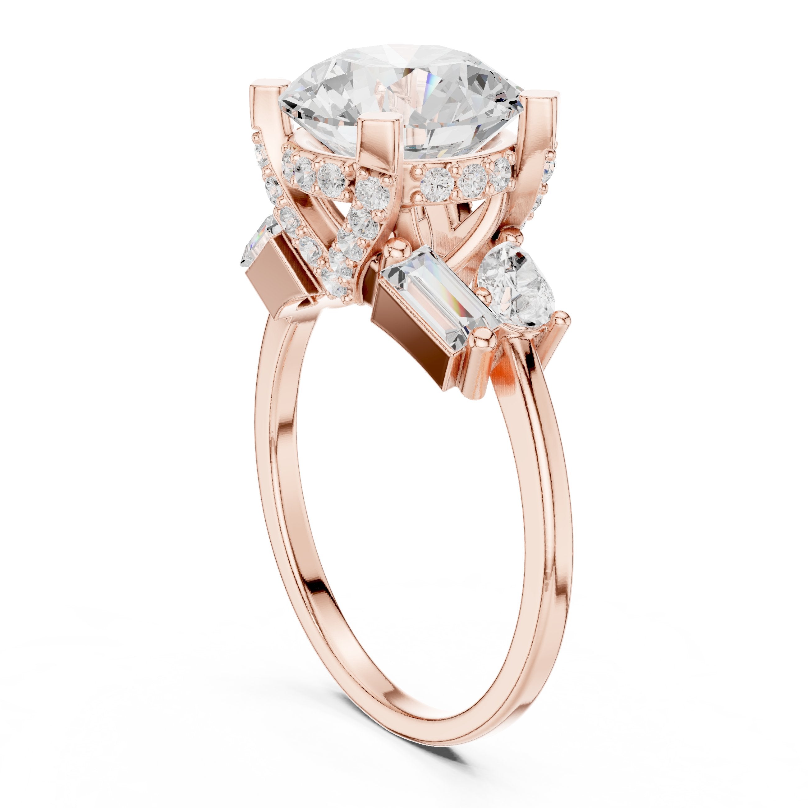 Round Diamond Engagement Ring with Pear and Baguette Side Accents in Rose Gold - VYKA Diamonds