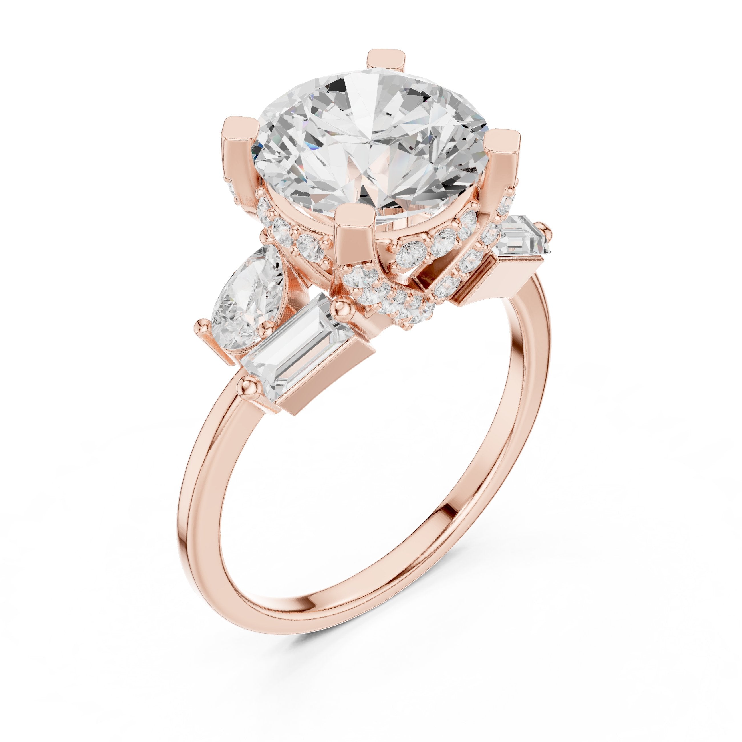 Round Diamond Engagement Ring with Pear and Baguette Side Accents in Rose Gold - VYKA Diamonds