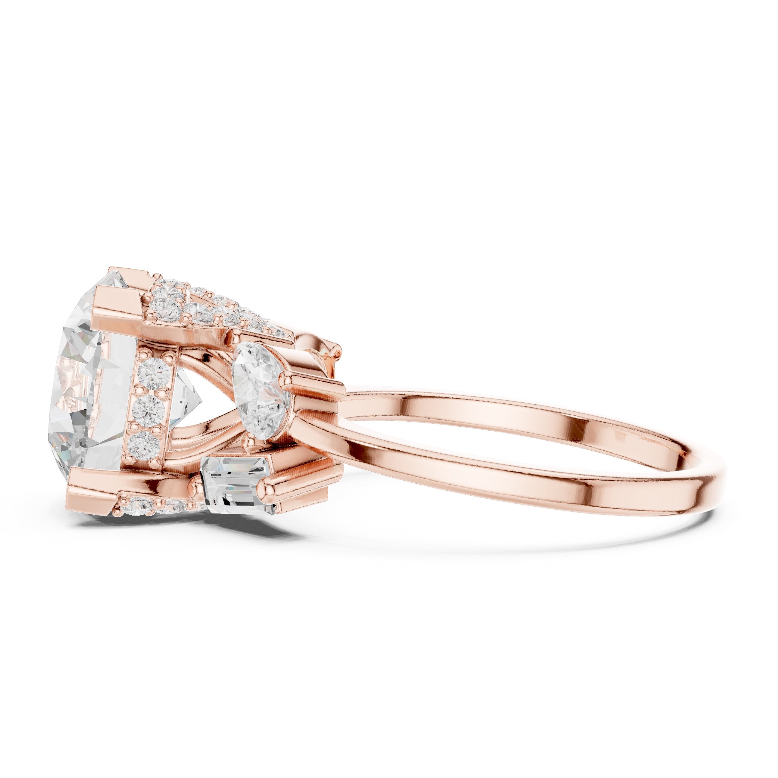 Round Diamond Engagement Ring with Pear and Baguette Side Accents in Rose Gold - VYKA Diamonds