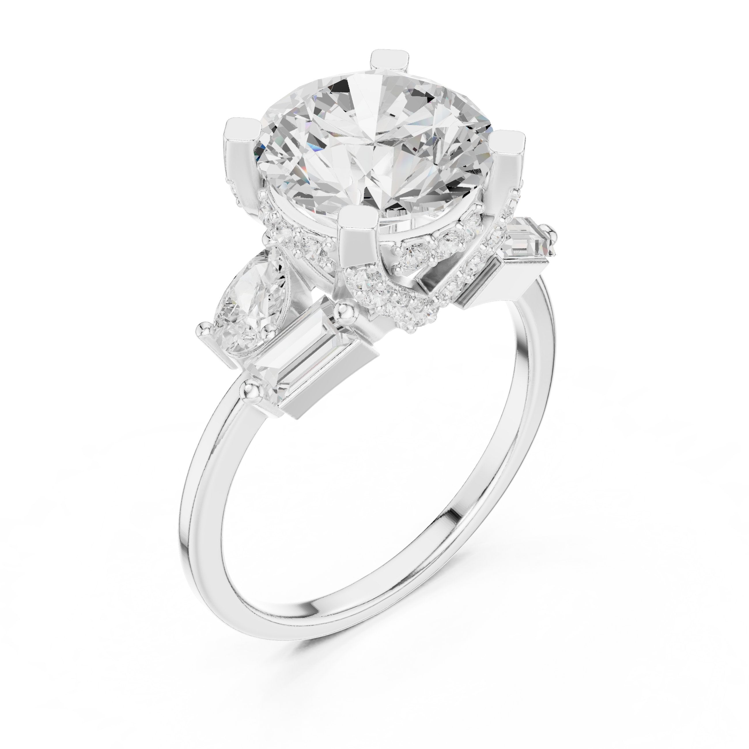 Round Diamond Engagement Ring with Pear and Baguette Side Accents in White Gold - VYKA Diamonds