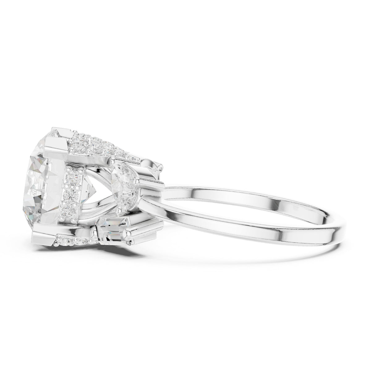 Round Diamond Engagement Ring with Pear and Baguette Side Accents