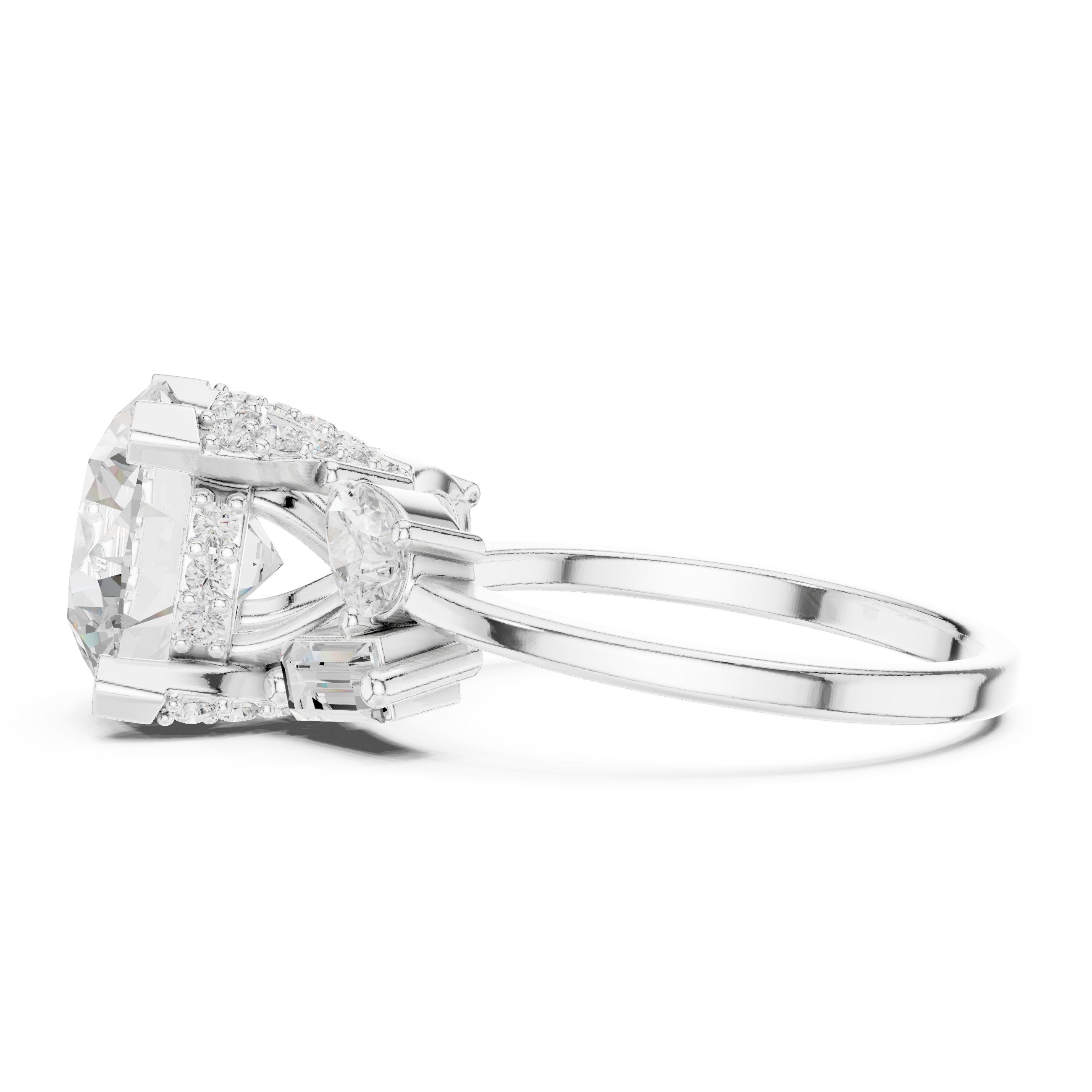 Round Diamond Engagement Ring with Pear and Baguette Side Accents in White Gold - VYKA Diamonds