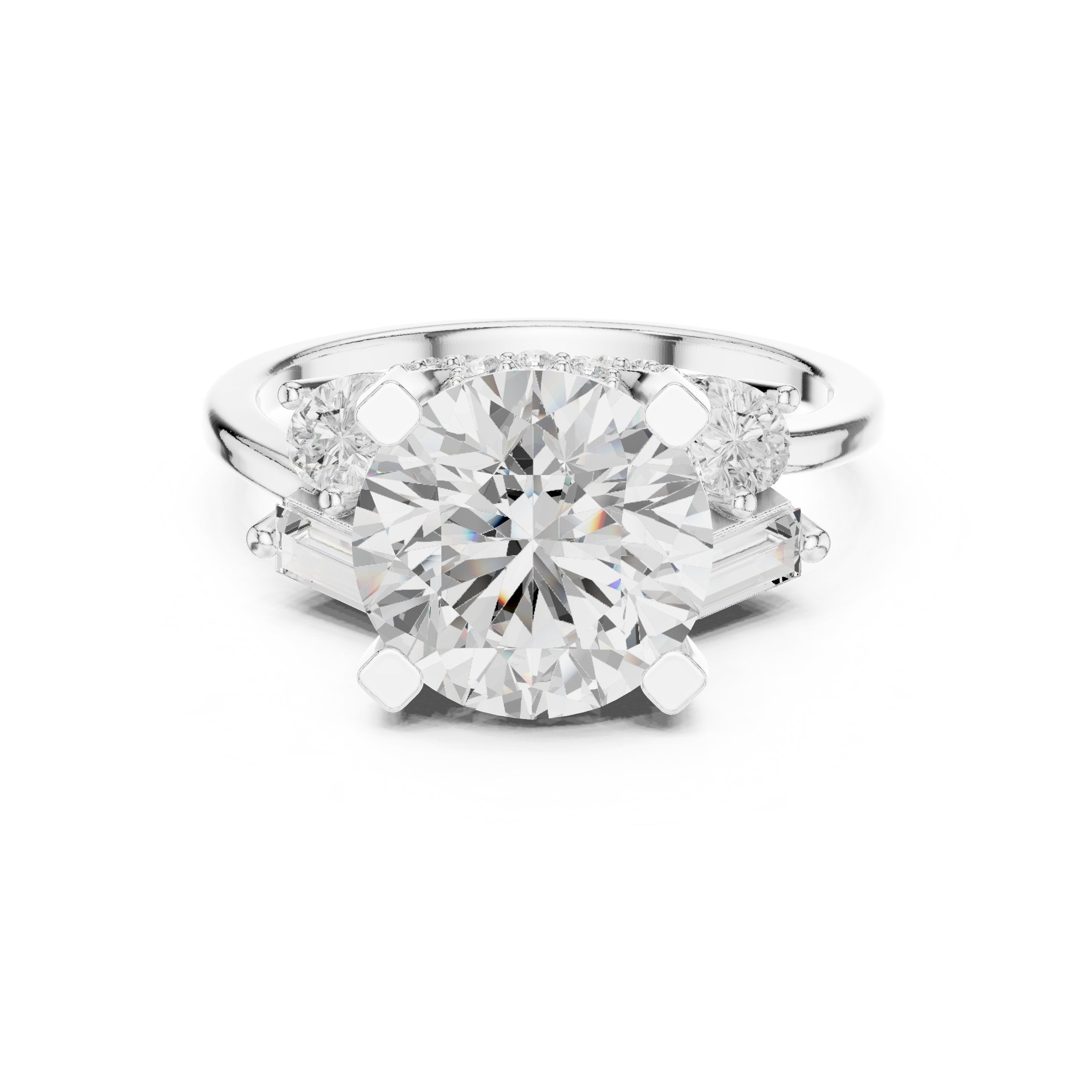 Round Diamond Engagement Ring with Pear and Baguette Side Accents in White Gold - VYKA Diamonds