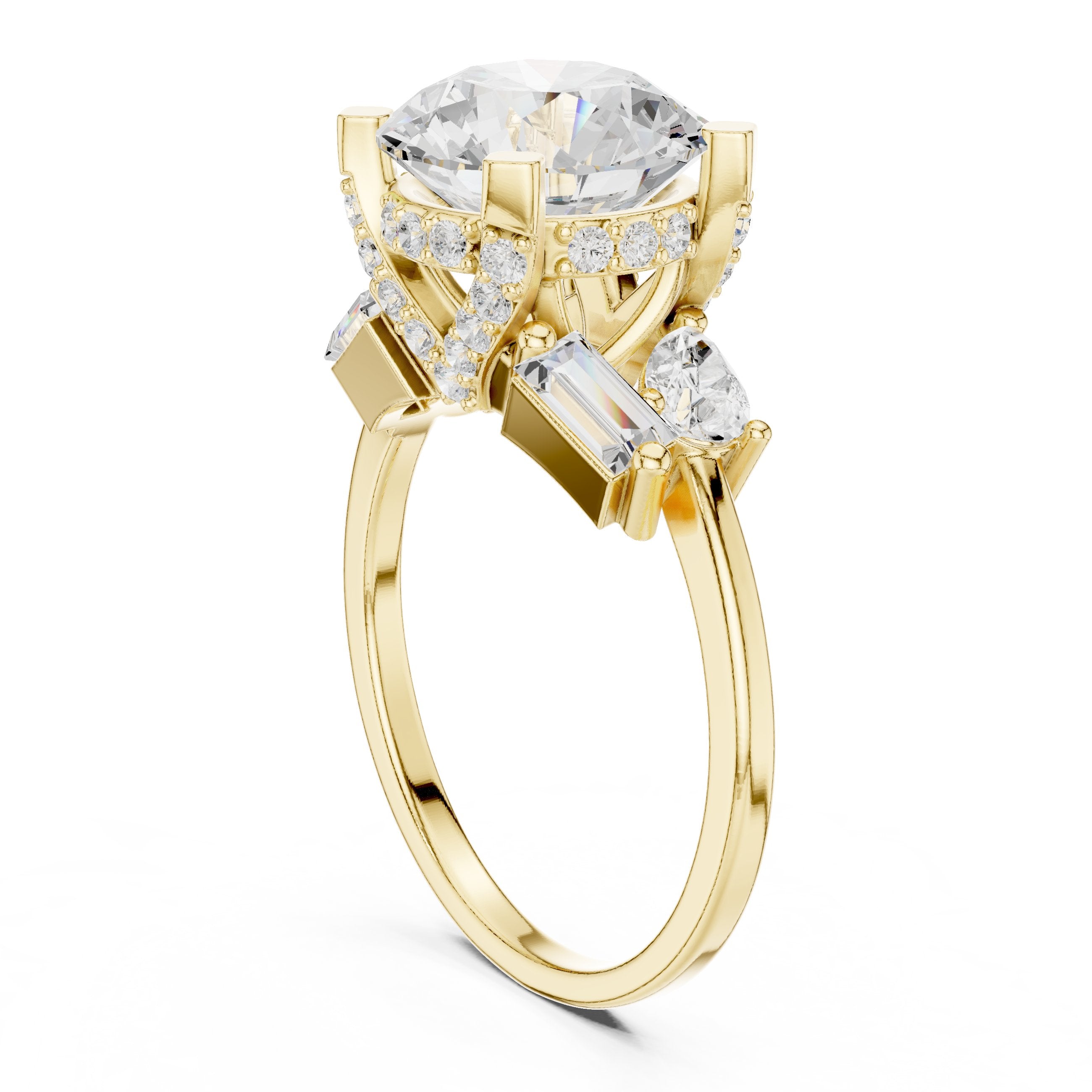 Round Diamond Engagement Ring with Pear and Baguette Side Accents in Yellow Gold - VYKA Diamonds