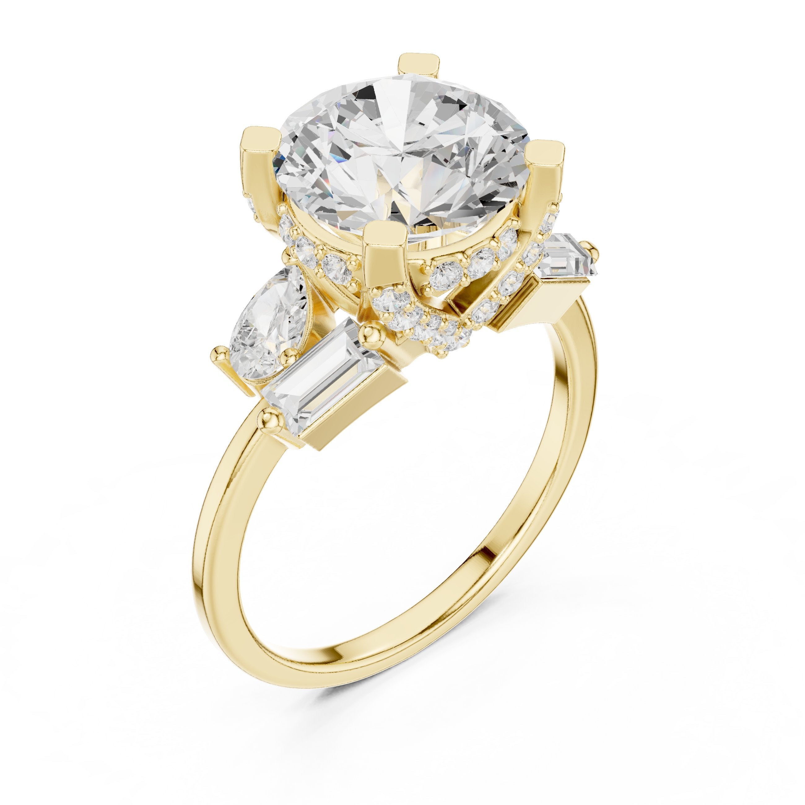 Round Diamond Engagement Ring with Pear and Baguette Side Accents in Yellow Gold - VYKA Diamonds