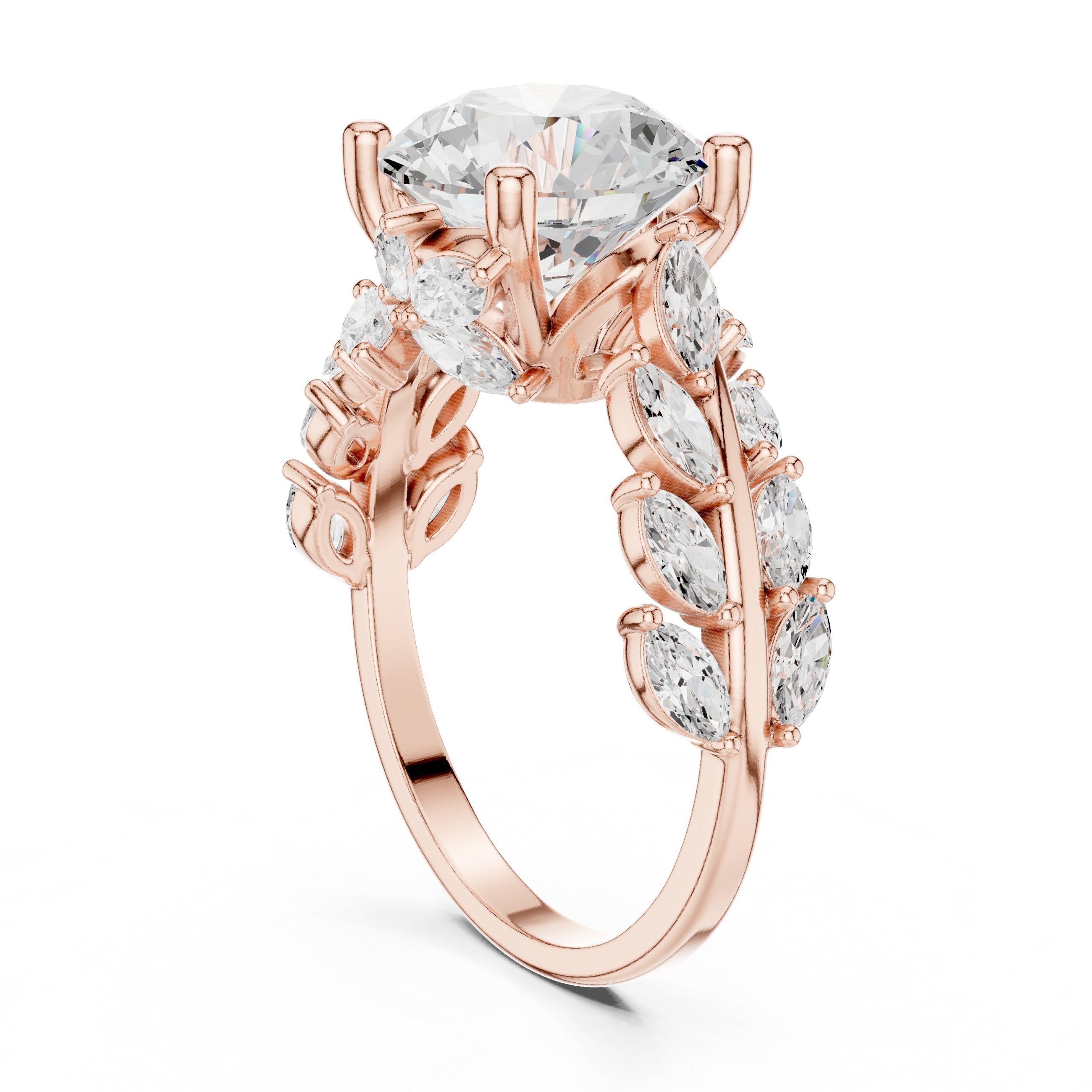Round Diamond Engagement Ring with Marquise and Round Vine Cluster Band in Rose Gold - VYKA Diamonds