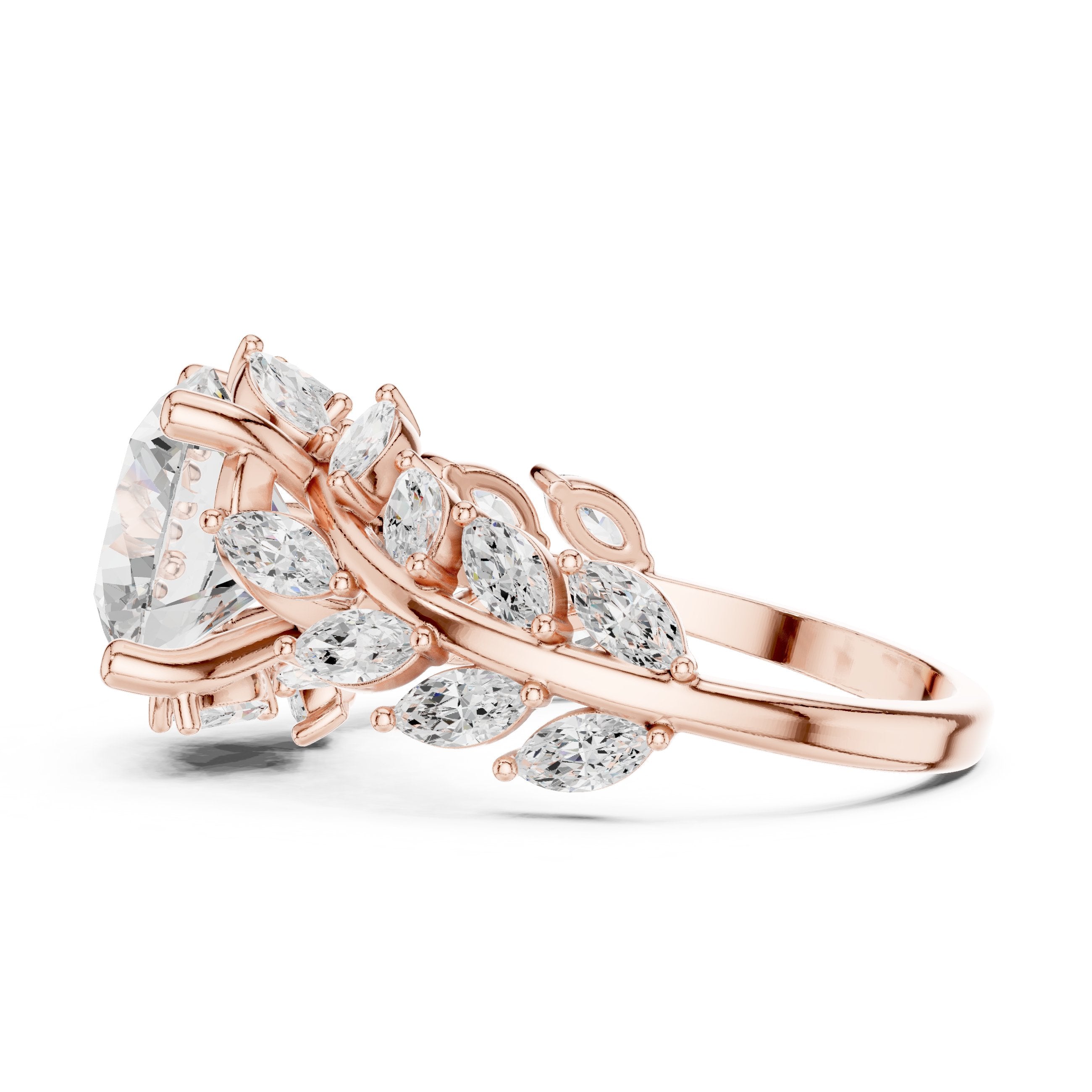 Round Diamond Engagement Ring with Marquise and Round Vine Cluster Band in Rose Gold - VYKA Diamonds