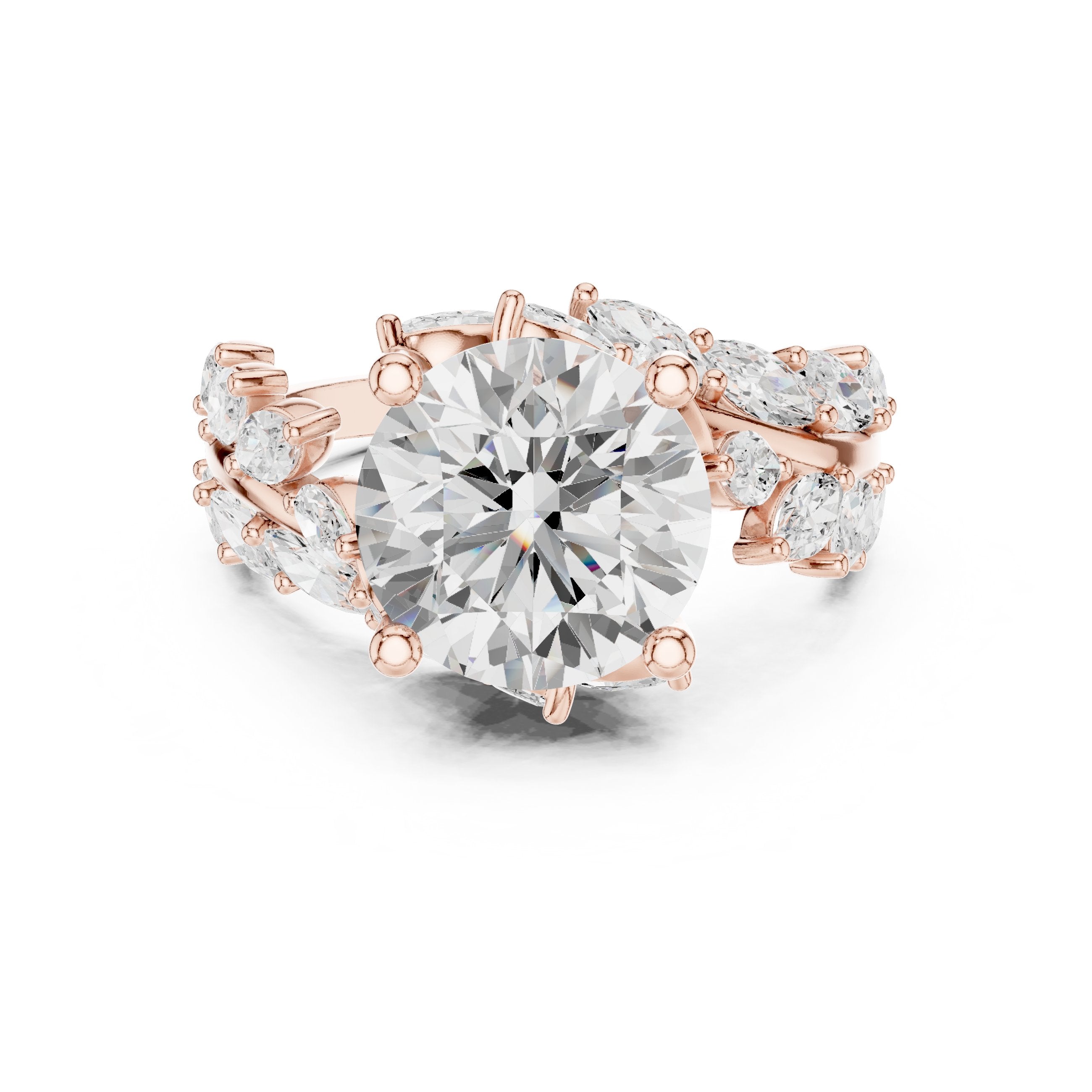 Round Diamond Engagement Ring with Marquise and Round Vine Cluster Band in Rose Gold - VYKA Diamonds