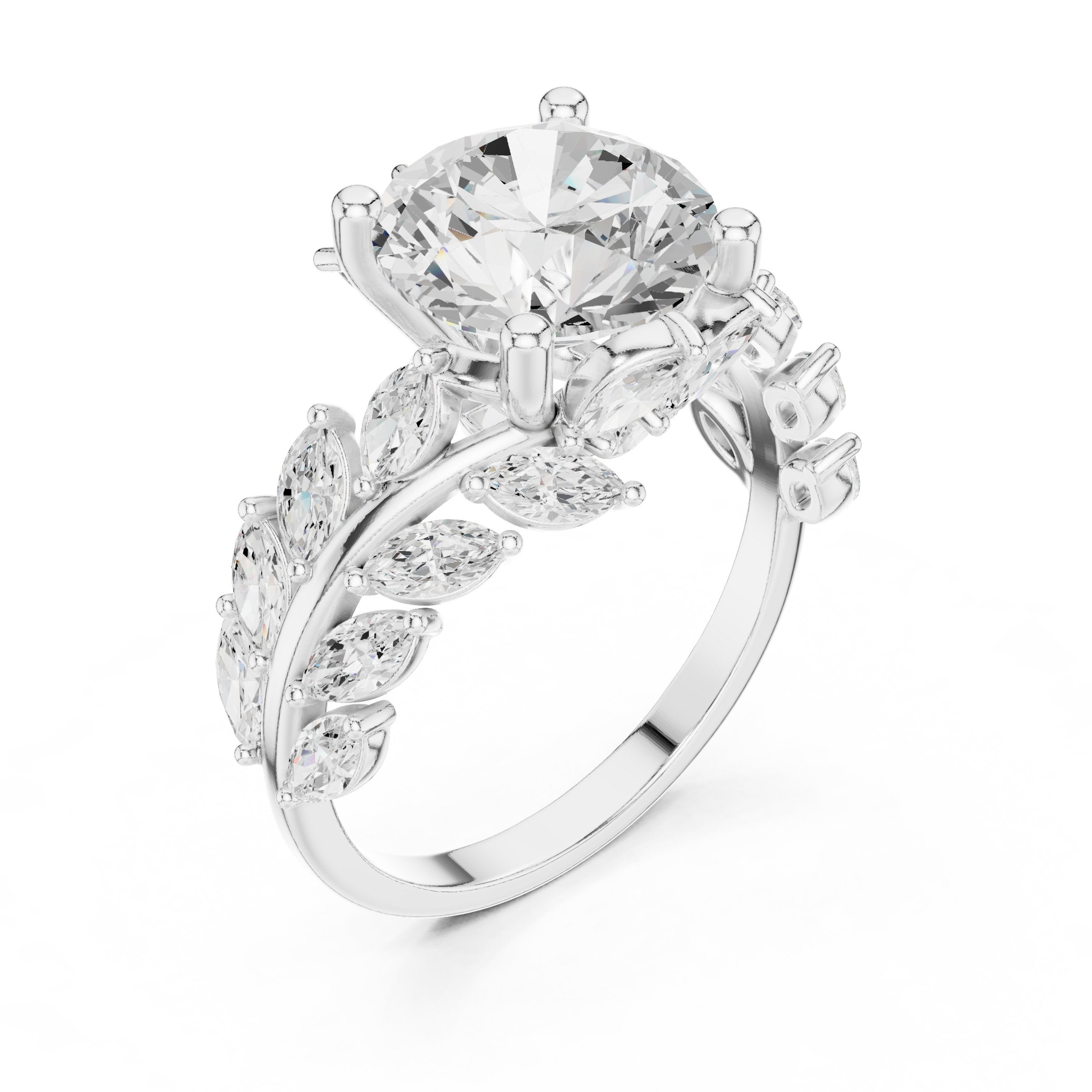 Round Diamond Engagement Ring with Marquise and Round Vine Cluster Band in White Gold - VYKA Diamonds